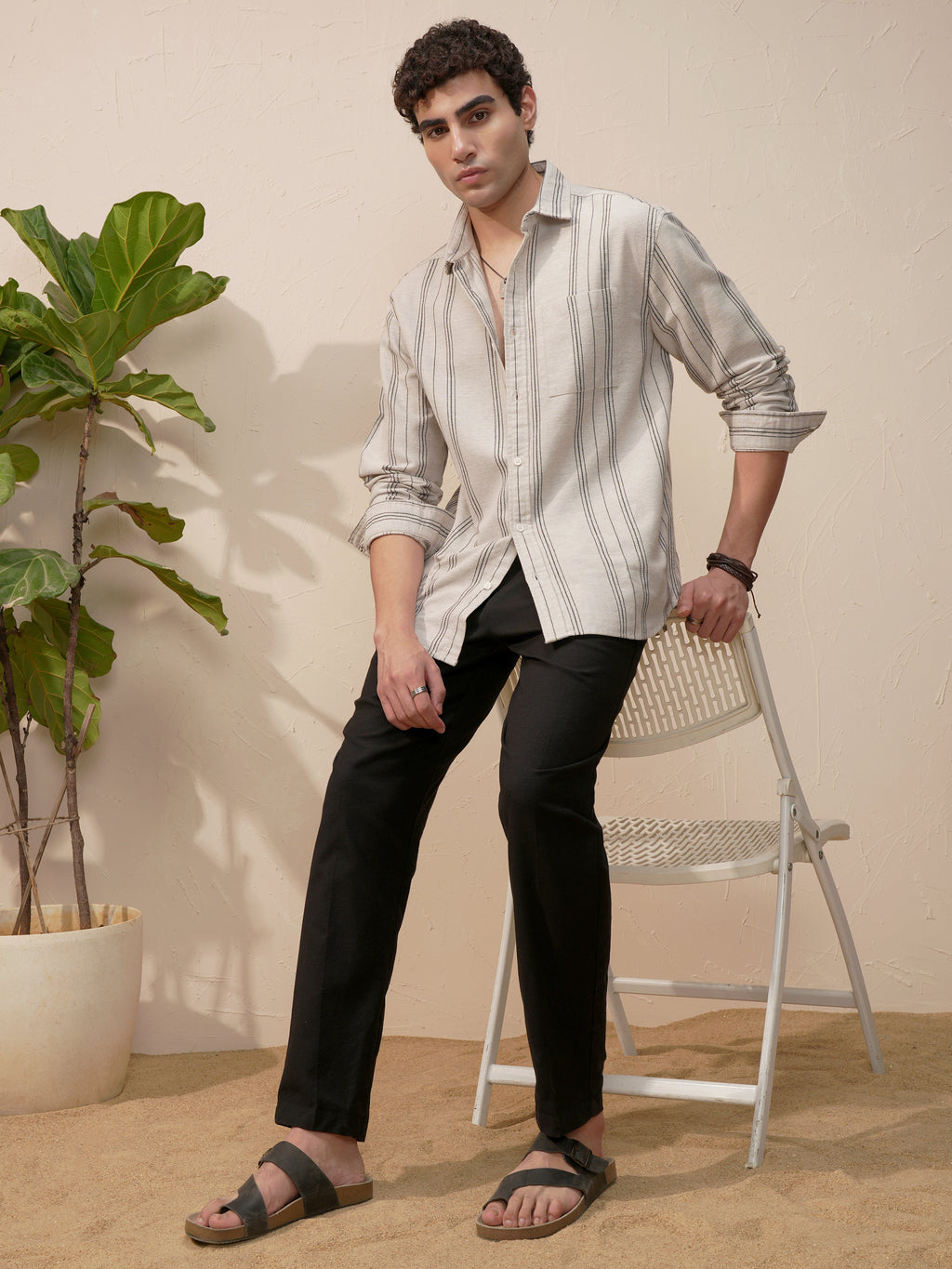 Highlander Men Tan Striped Relaxed Fit Casual Shirt - Tan - Image 2