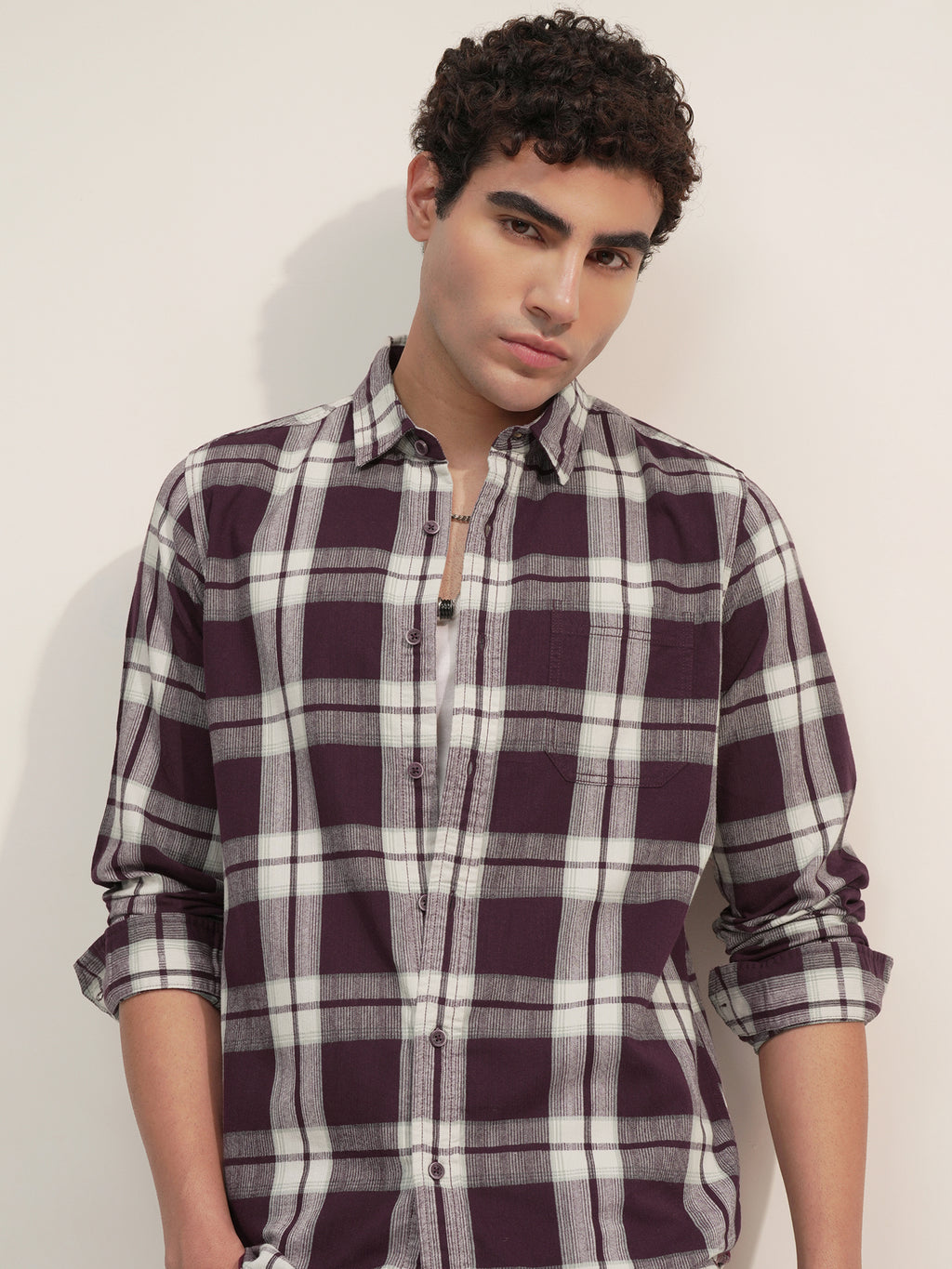 Highlander Men Burgundy Checked Slim Fit Casual Shirt - Burgundy - Image 1