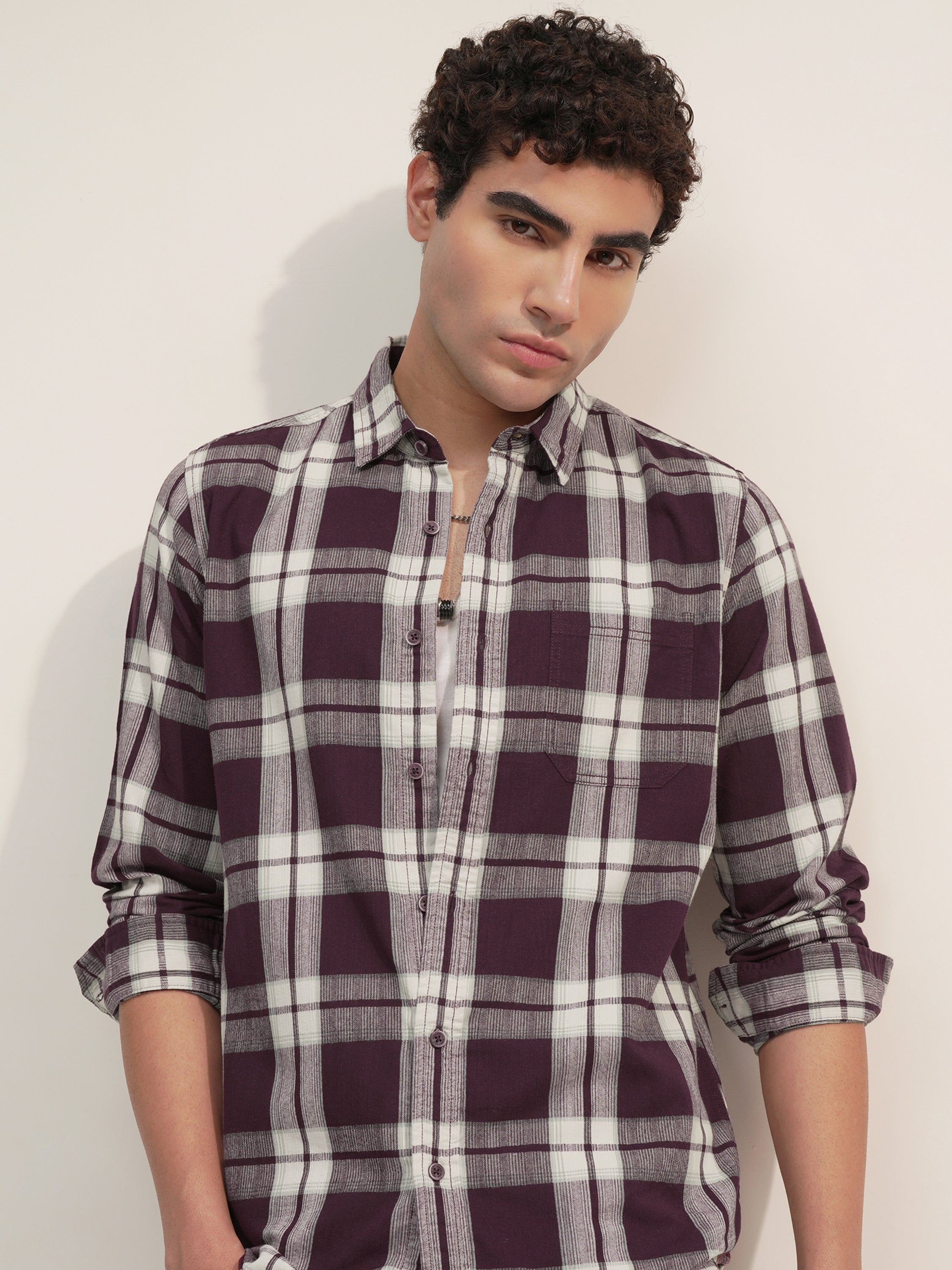 Highlander Men Burgundy Checked Slim Fit Casual Shirt - Burgundy - Image 1
