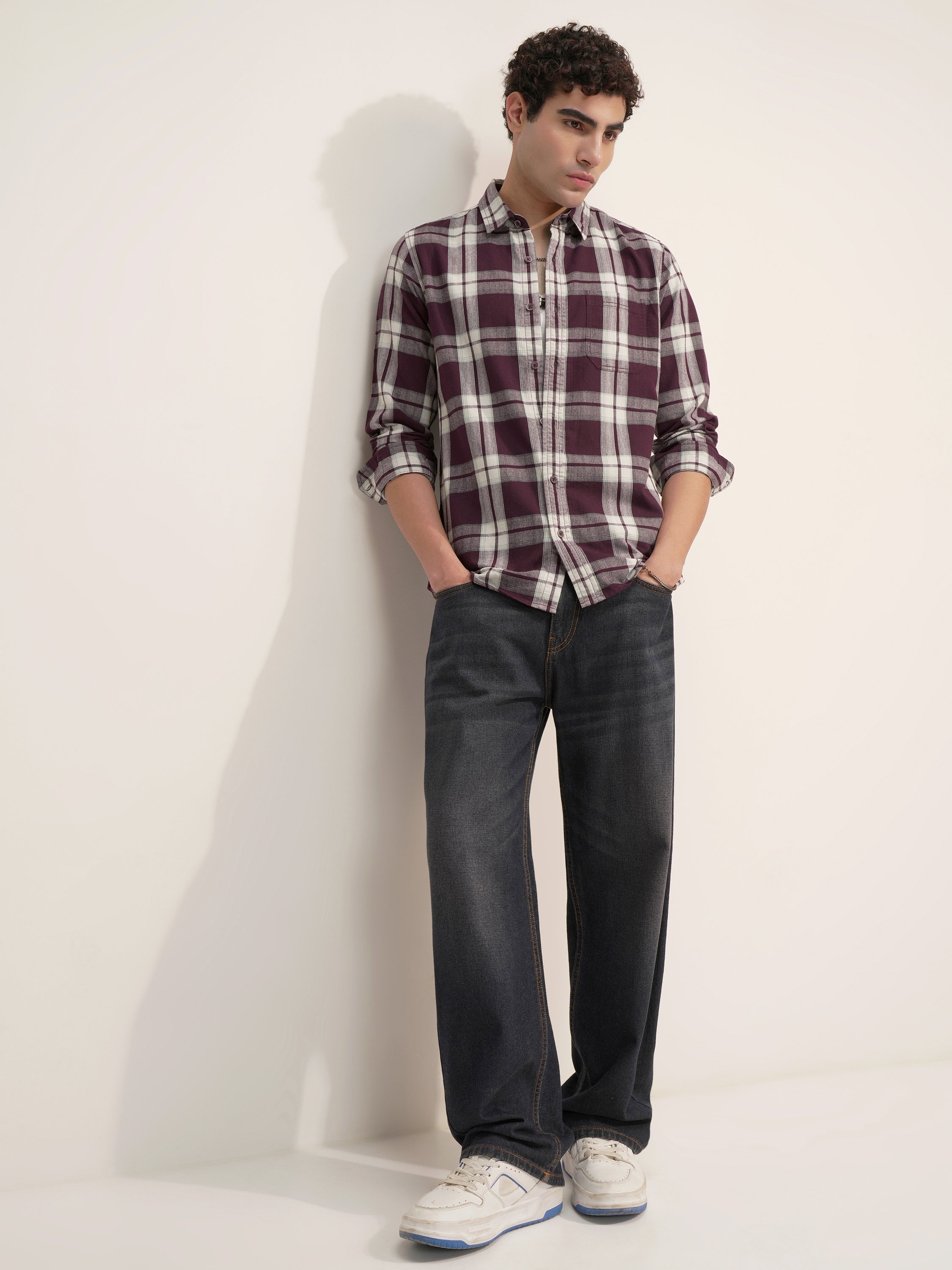 Highlander Men Burgundy Checked Slim Fit Casual Shirt - Burgundy - Image 2