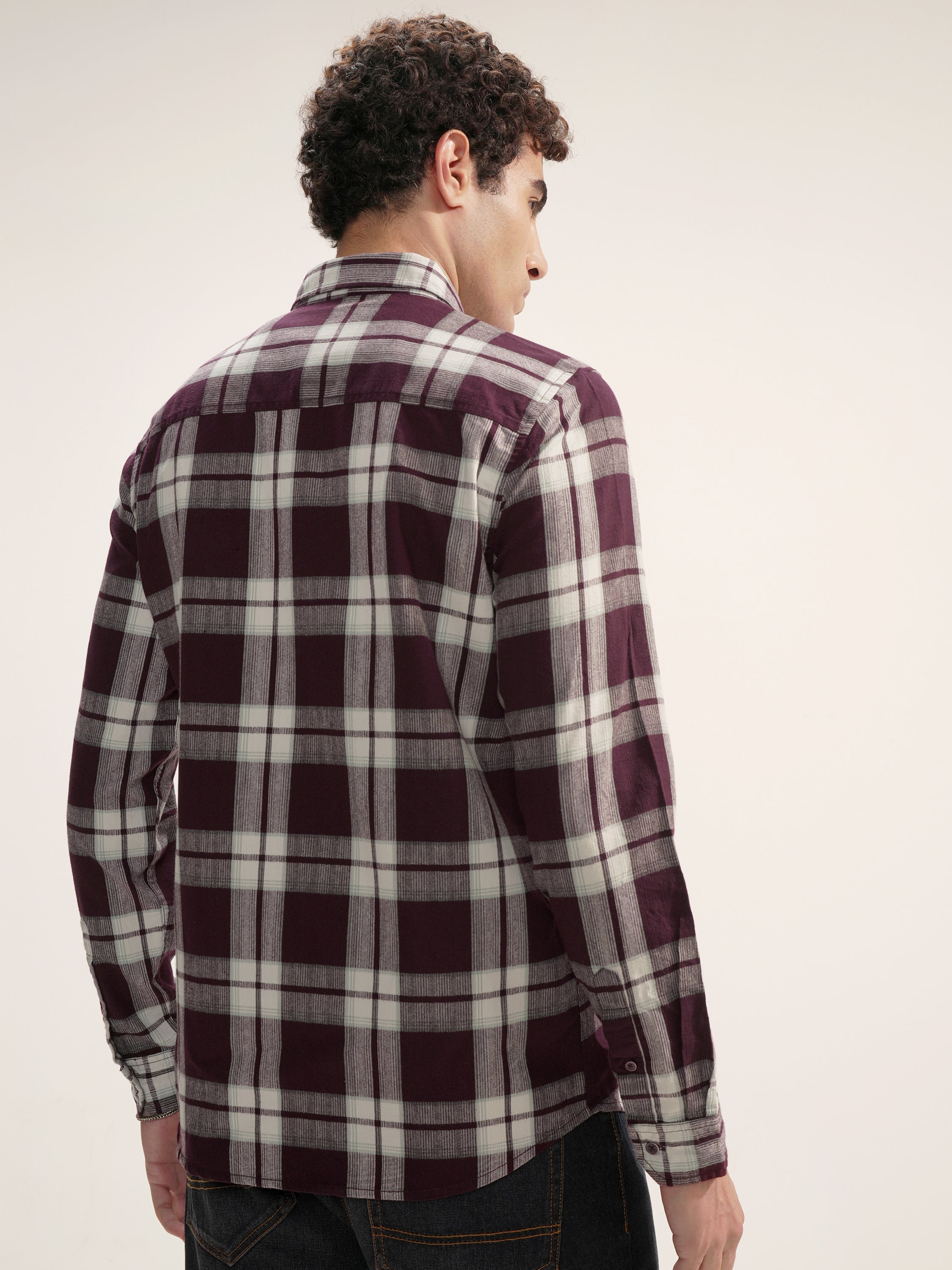 Highlander Men Burgundy Checked Slim Fit Casual Shirt - Burgundy - Image 3