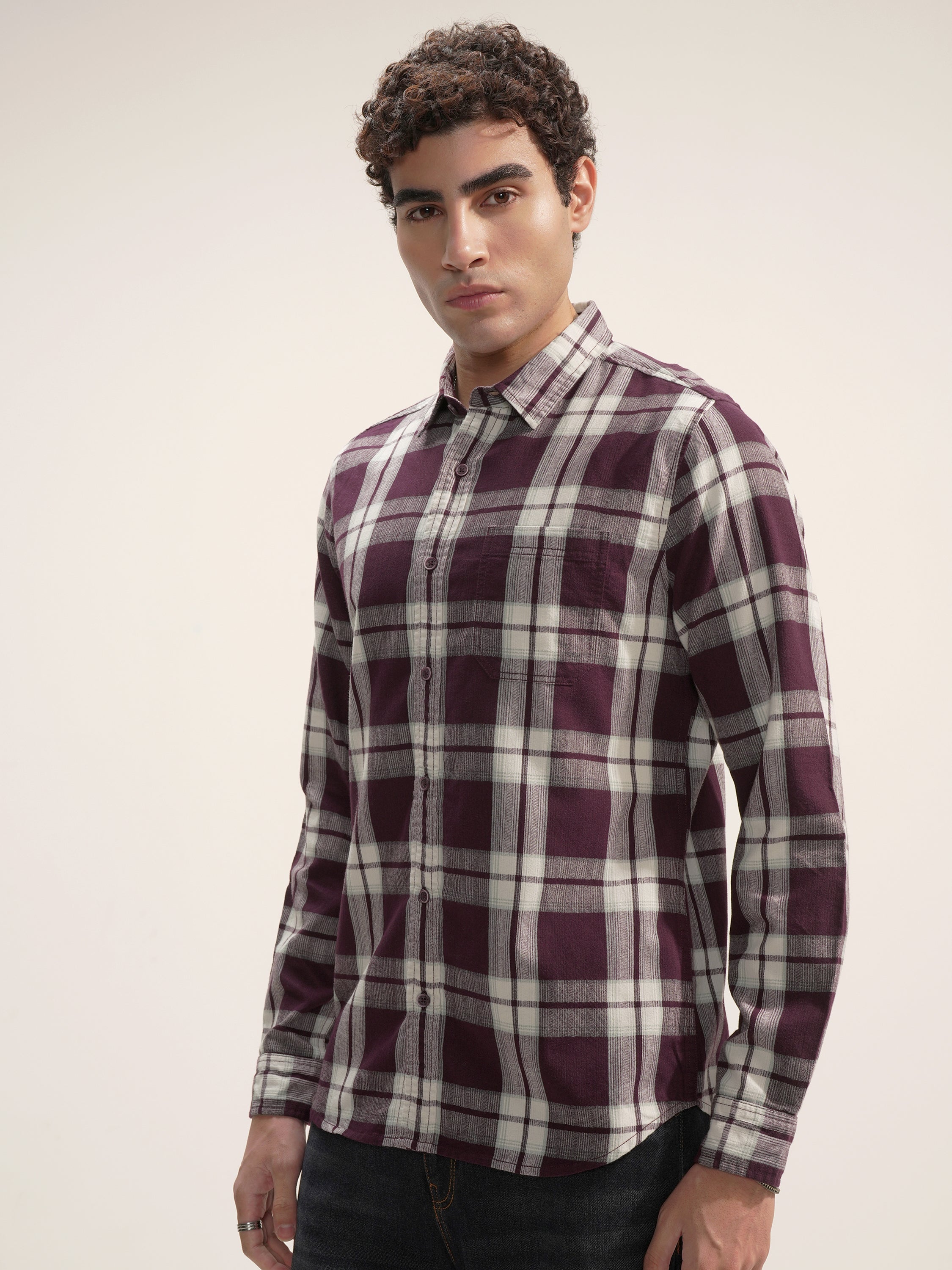 Highlander Men Burgundy Checked Slim Fit Casual Shirt - Burgundy - Image 4