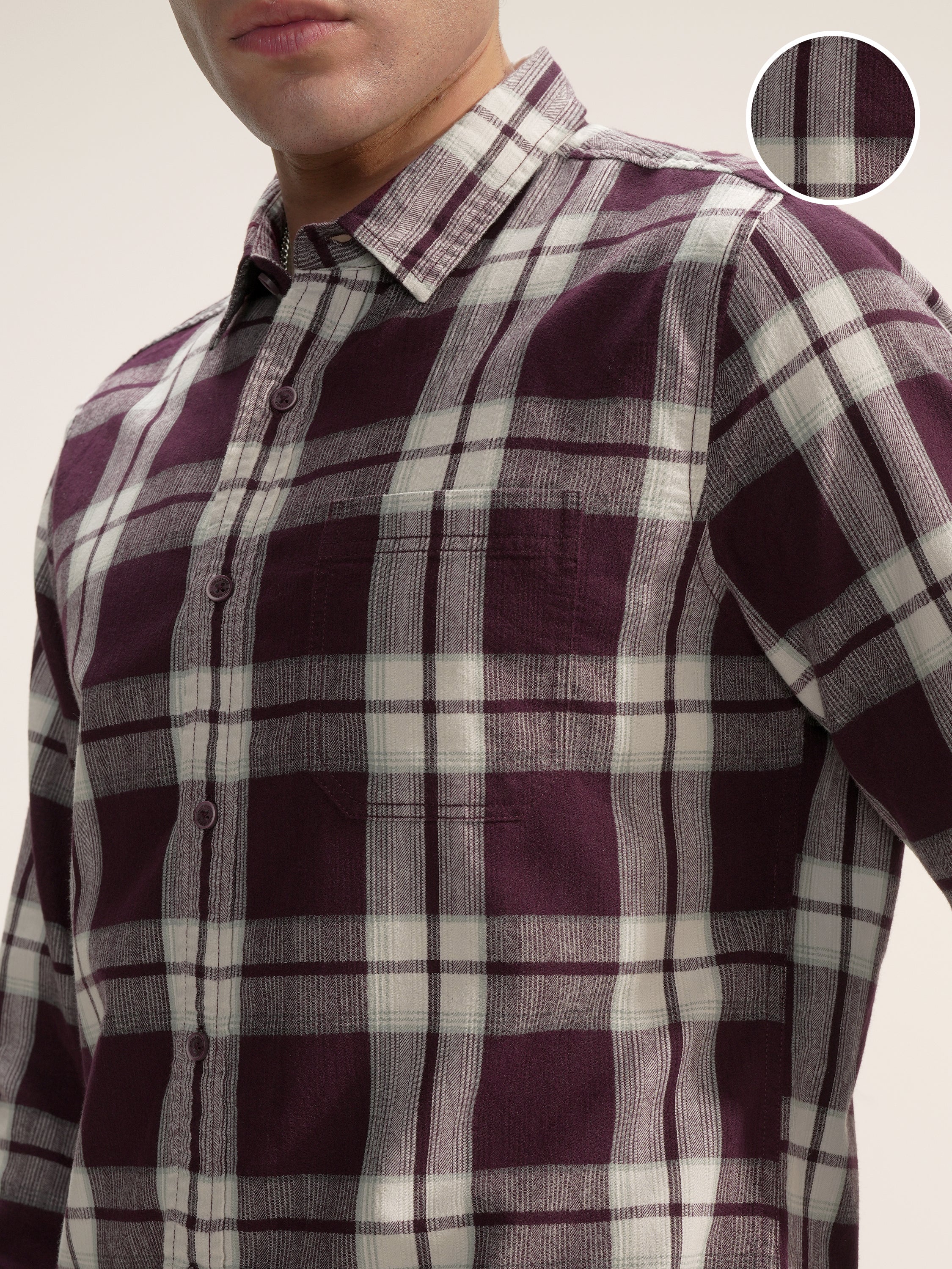 Highlander Men Burgundy Checked Slim Fit Casual Shirt - Burgundy - Image 5