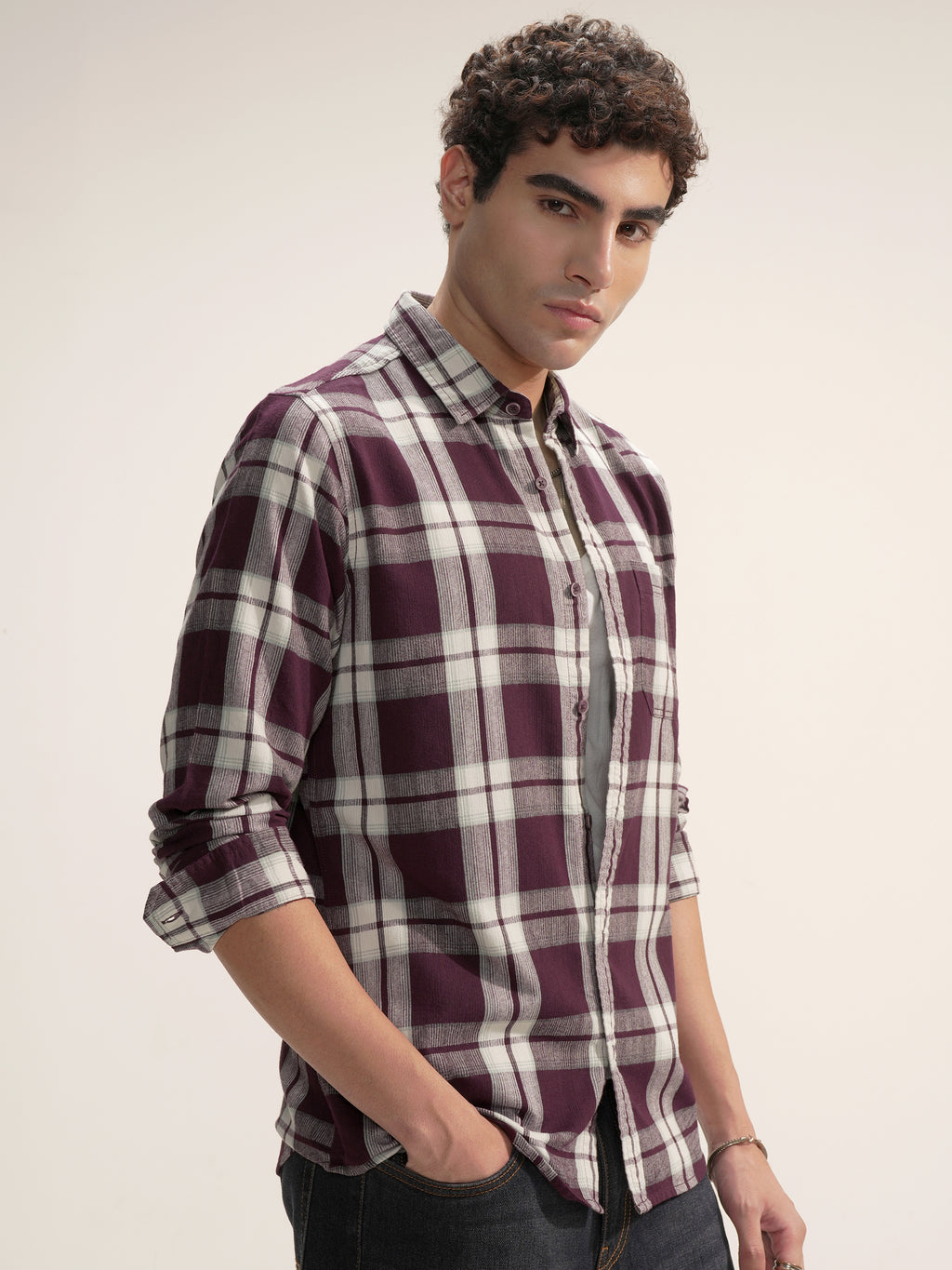 Highlander Men Burgundy Checked Slim Fit Casual Shirt - Burgundy - Image 6