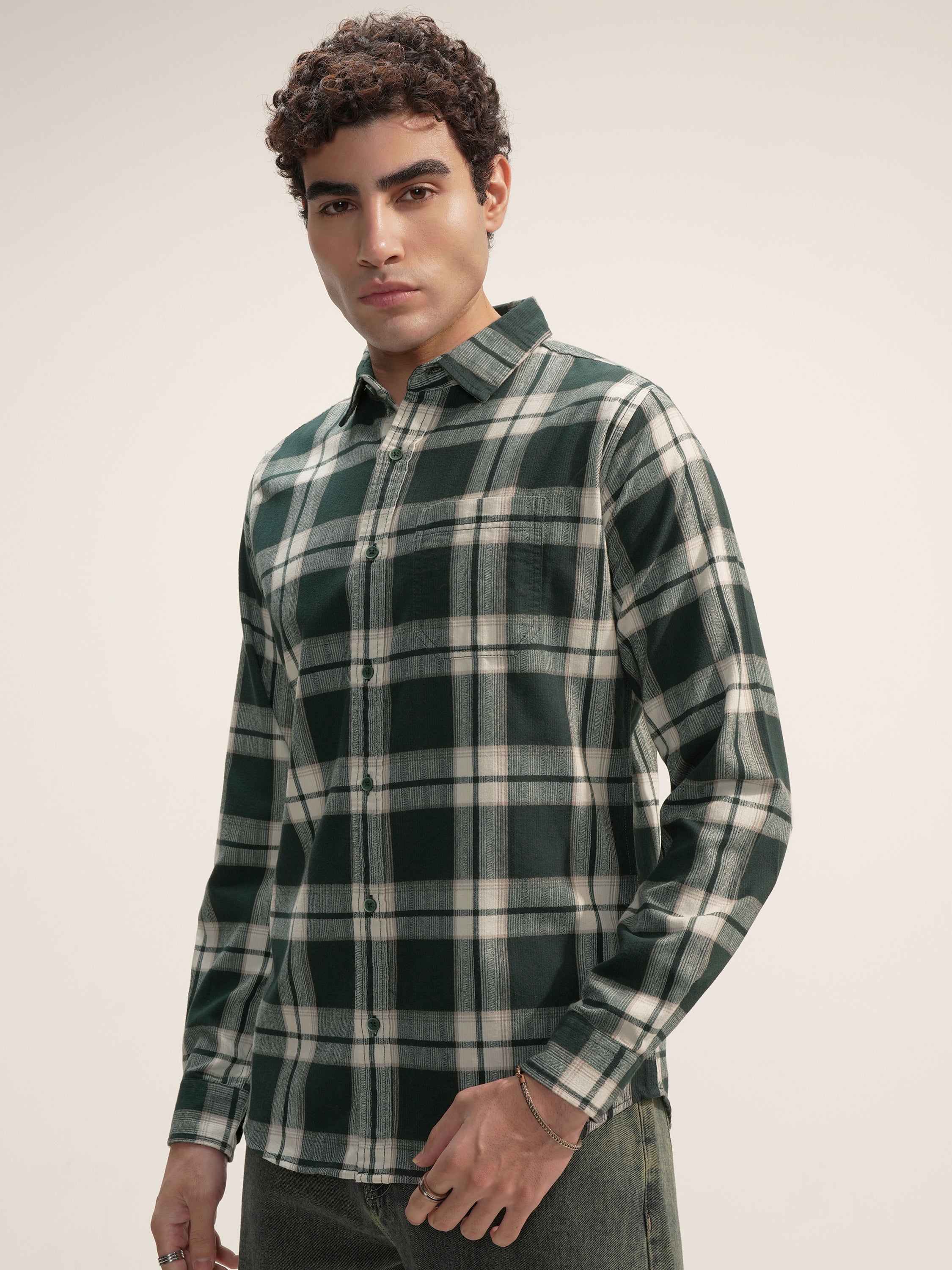 Highlander Men Green Checked Slim Fit Casual Shirt - Green - Image 4