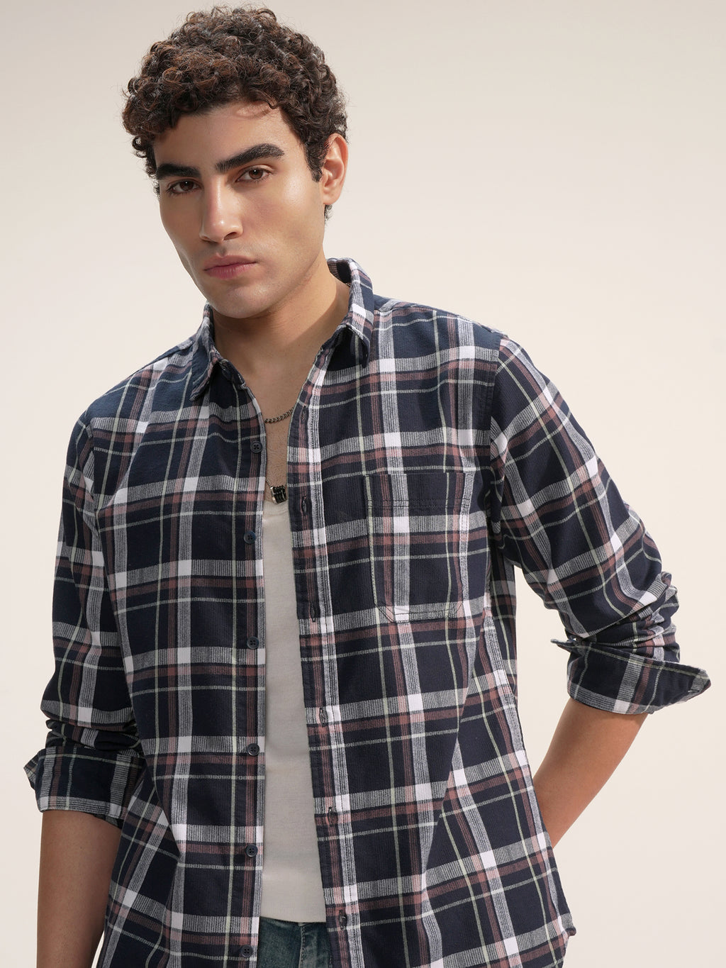 Highlander Men Navy Blue Checked Slim Fit Casual Shirt - Navy Blue - Image 1