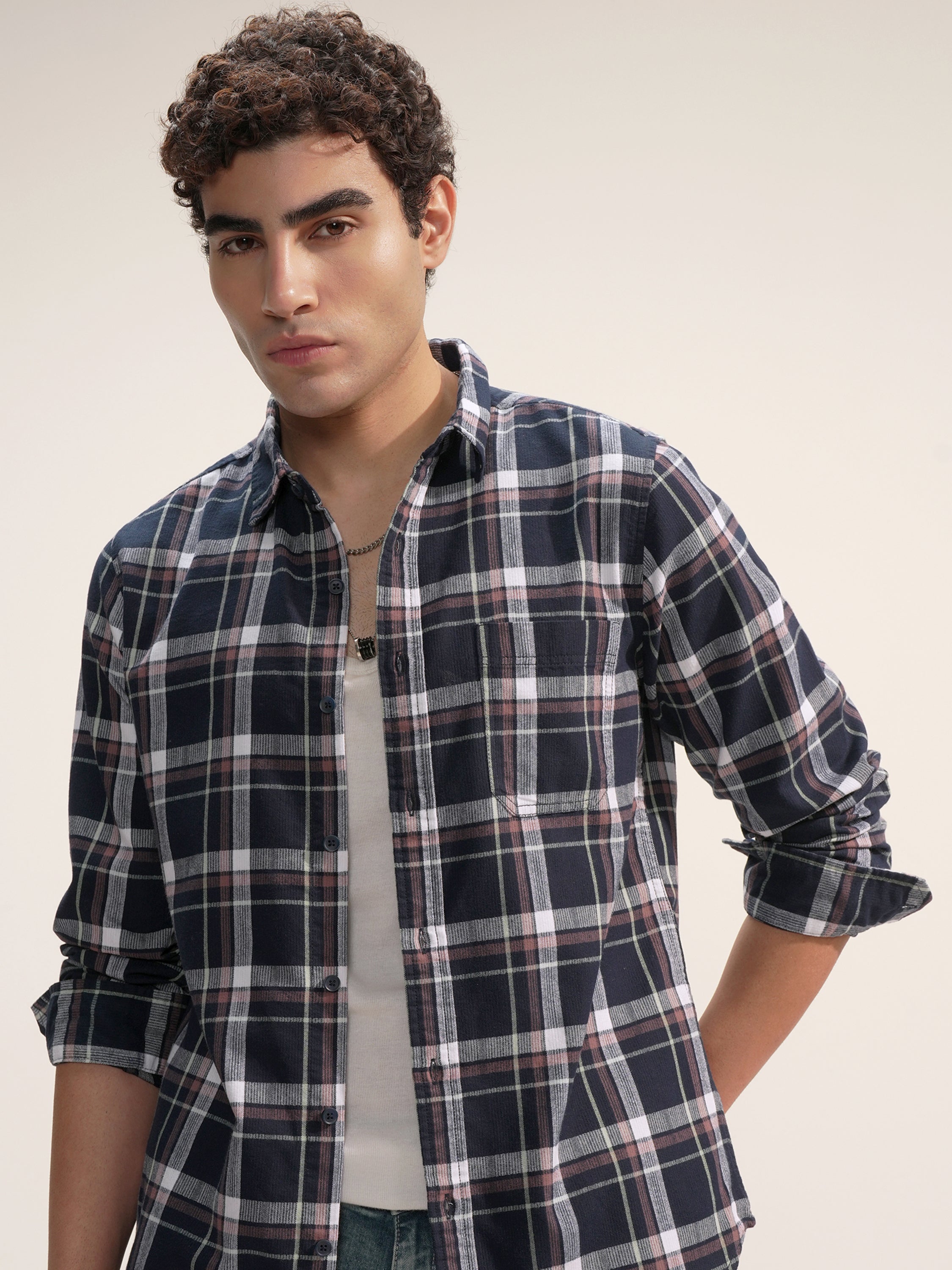 Highlander Men Navy Blue Checked Slim Fit Casual Shirt - Navy Blue - Image 1
