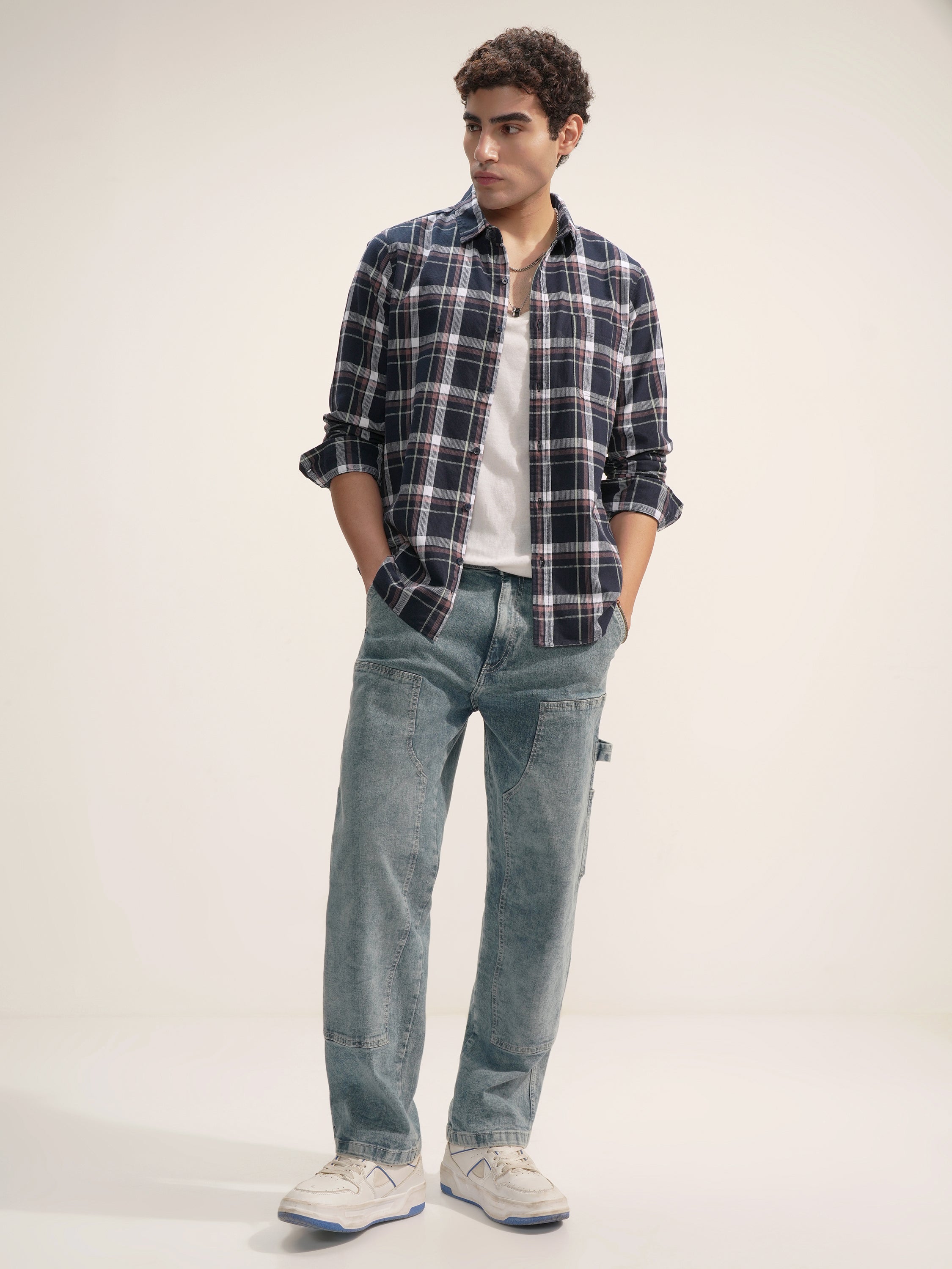 Highlander Men Navy Blue Checked Slim Fit Casual Shirt - Navy Blue - Image 2