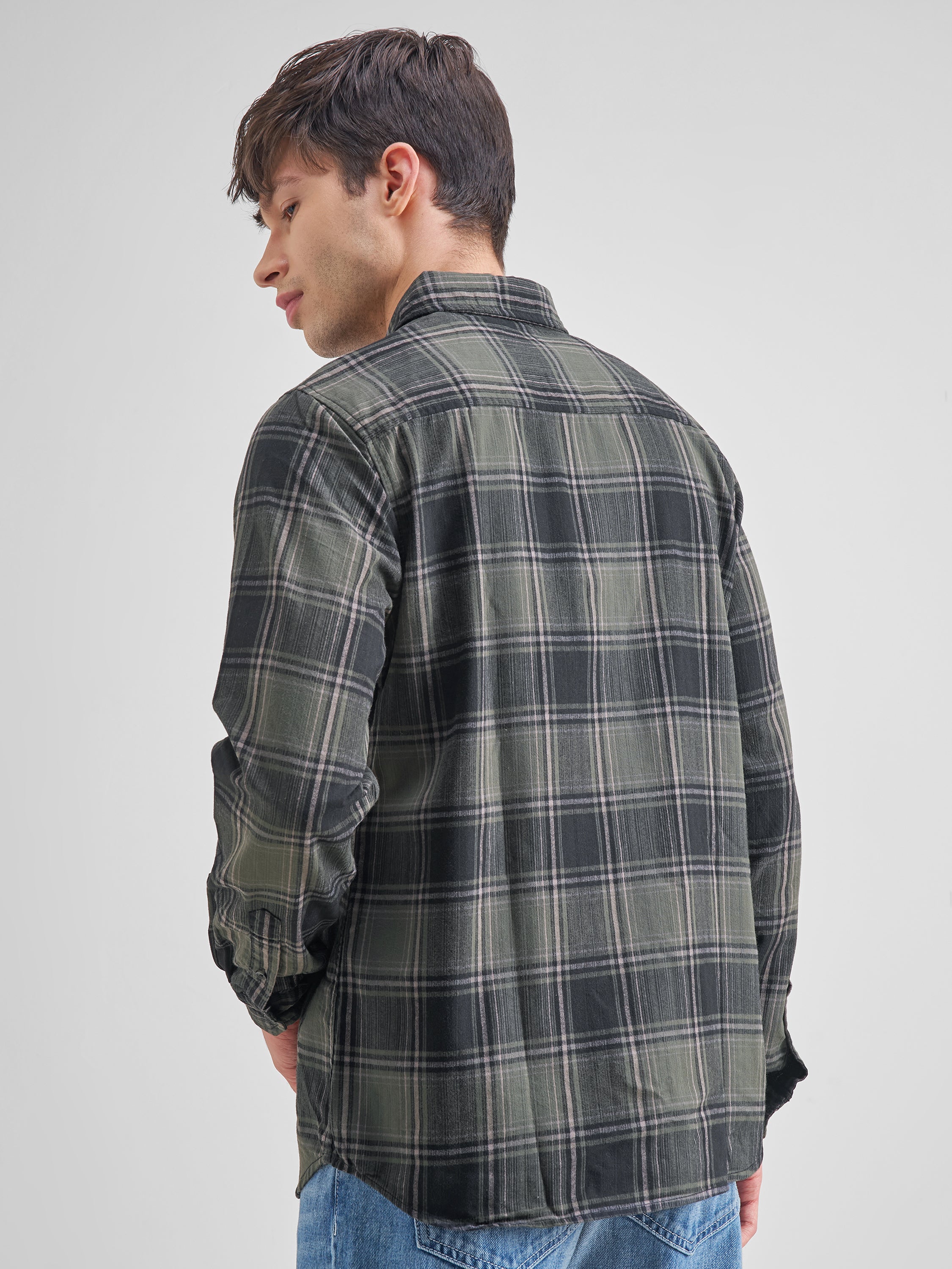 Highlander Men Olive Checked Slim Fit Casual Shirt - Olive - Image 3