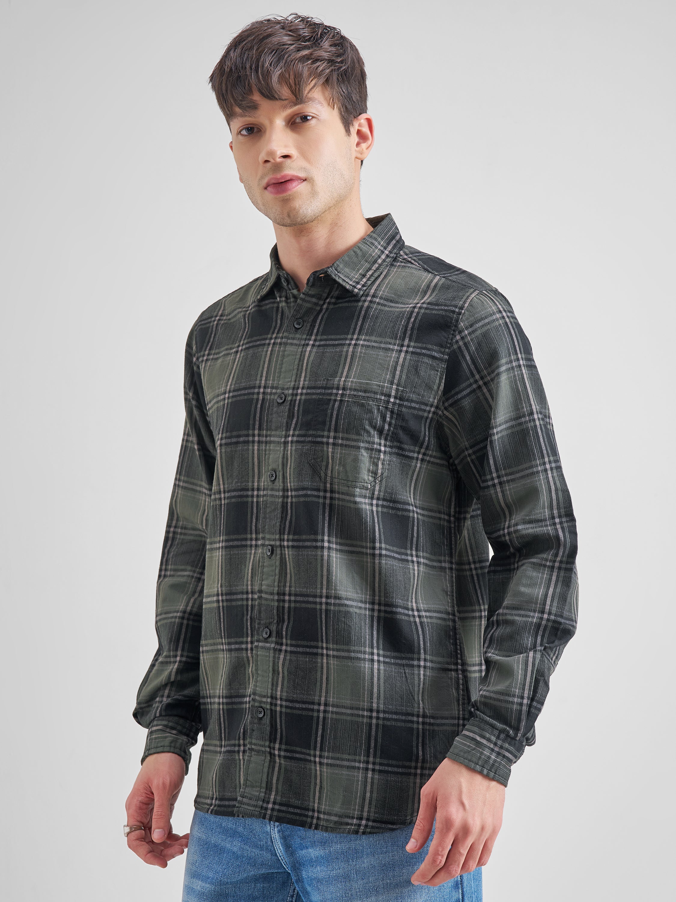 Highlander Men Olive Checked Slim Fit Casual Shirt - Olive - Image 4