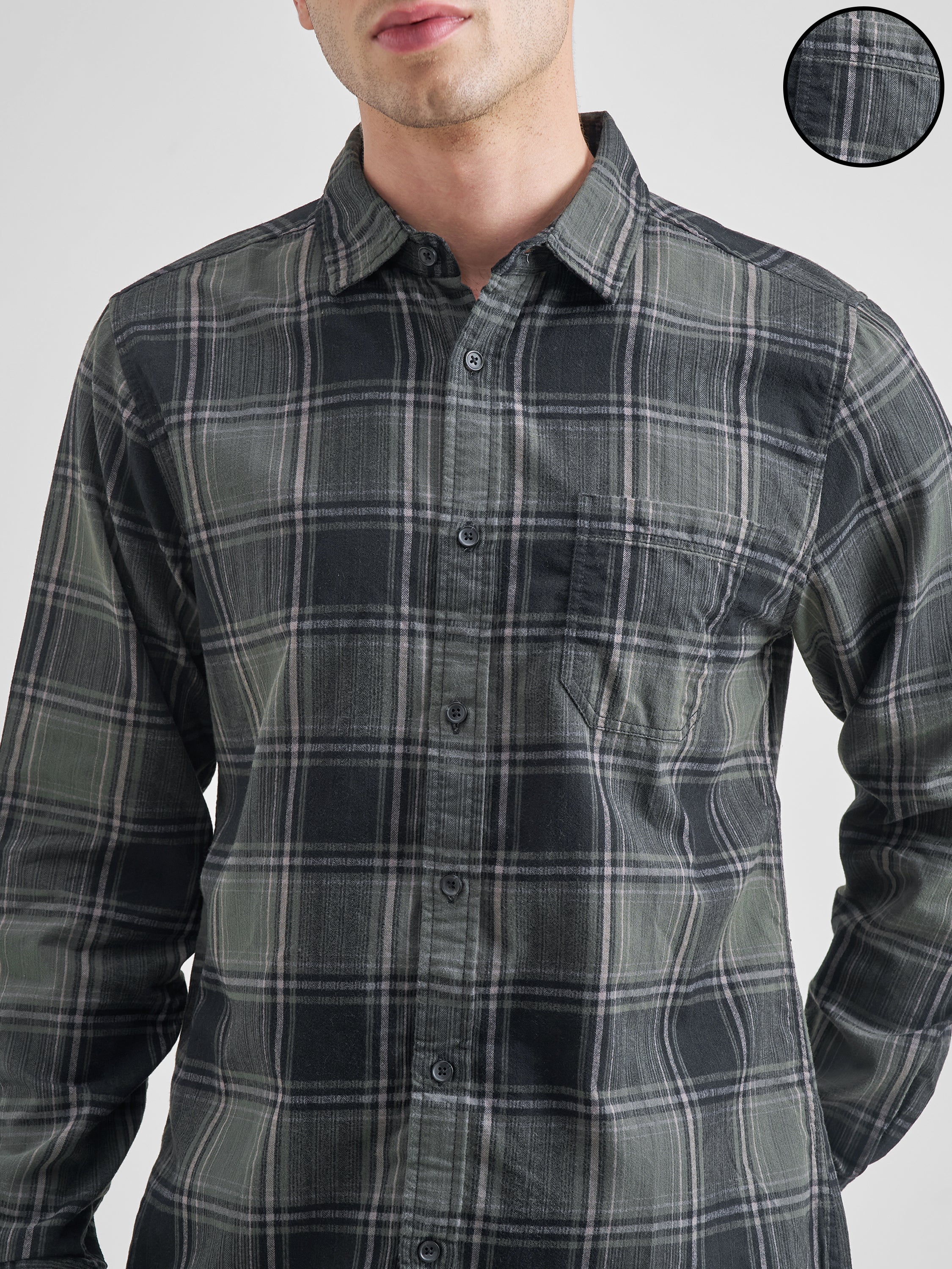 Highlander Men Olive Checked Slim Fit Casual Shirt - Olive - Image 5