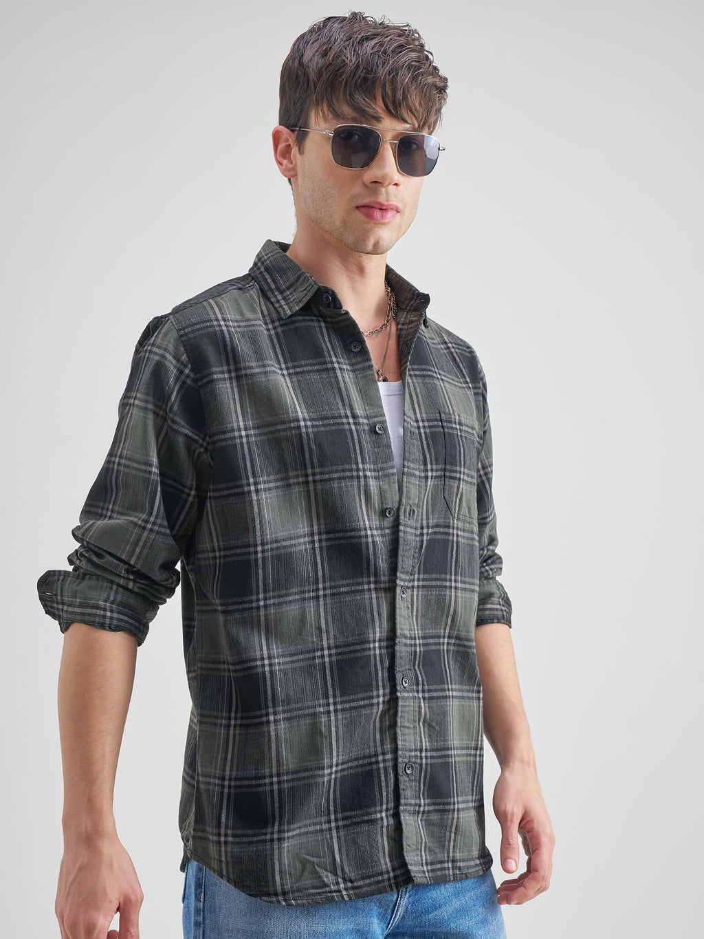 Highlander Men Olive Checked Slim Fit Casual Shirt - Olive - Image 6