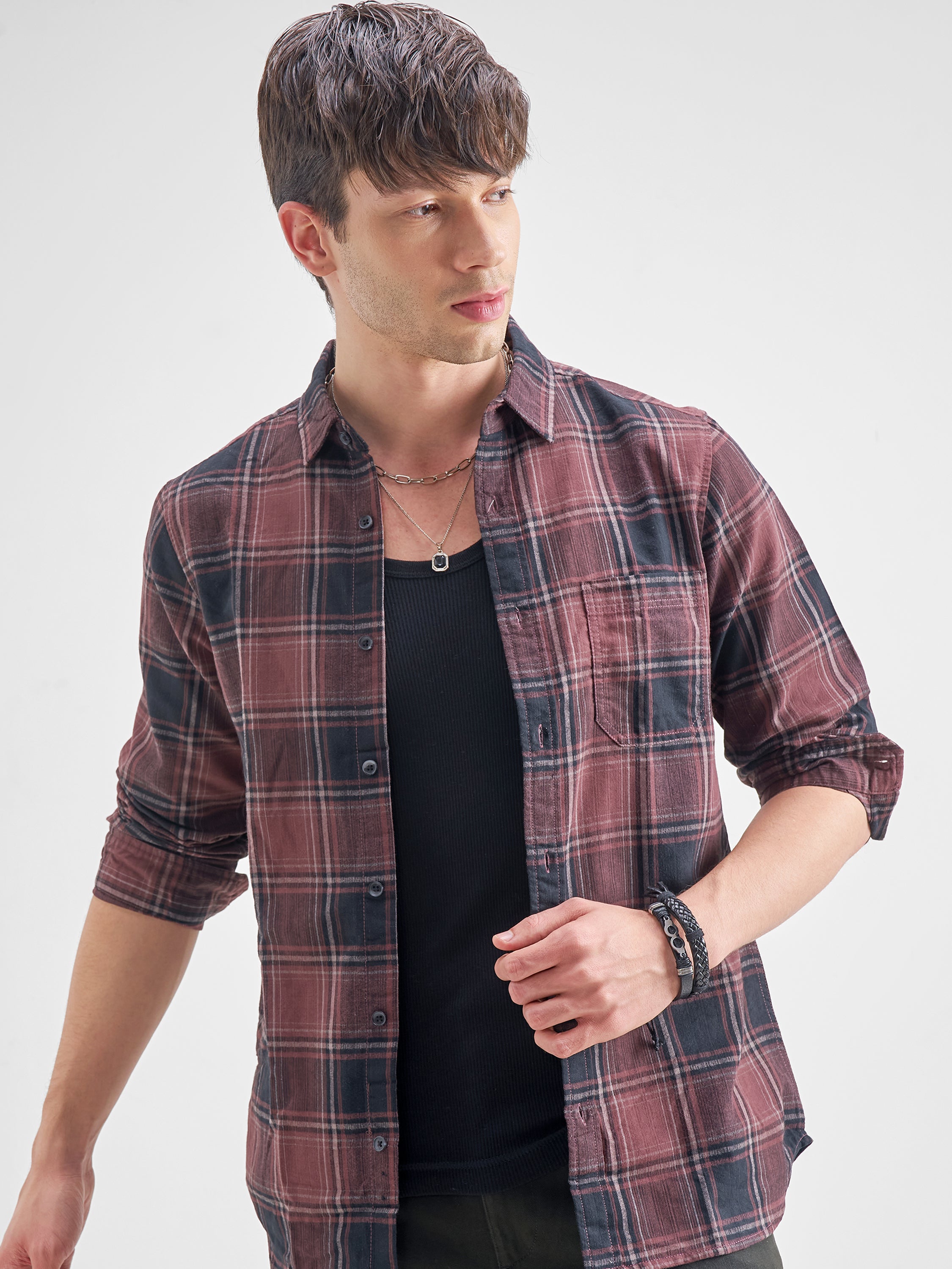 Highlander Men Maroon Checked Slim Fit Casual Shirt - Maroon - Image 1
