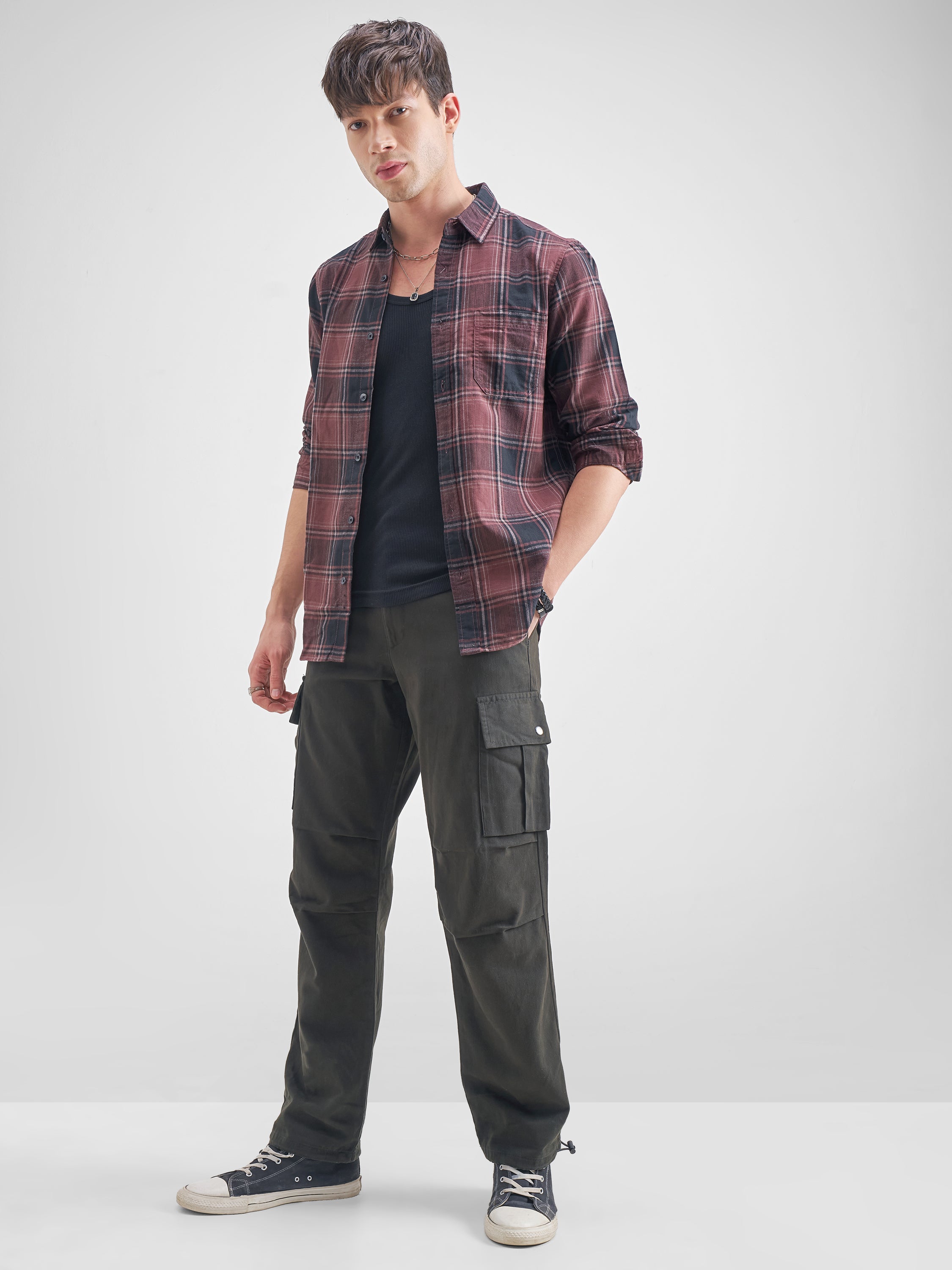 Highlander Men Maroon Checked Slim Fit Casual Shirt - Maroon - Image 2