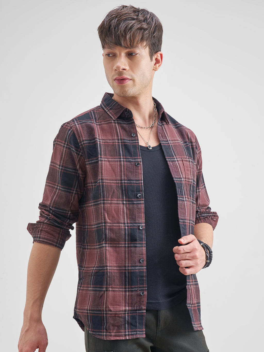 Highlander Men Maroon Checked Slim Fit Casual Shirt - Maroon - Image 6