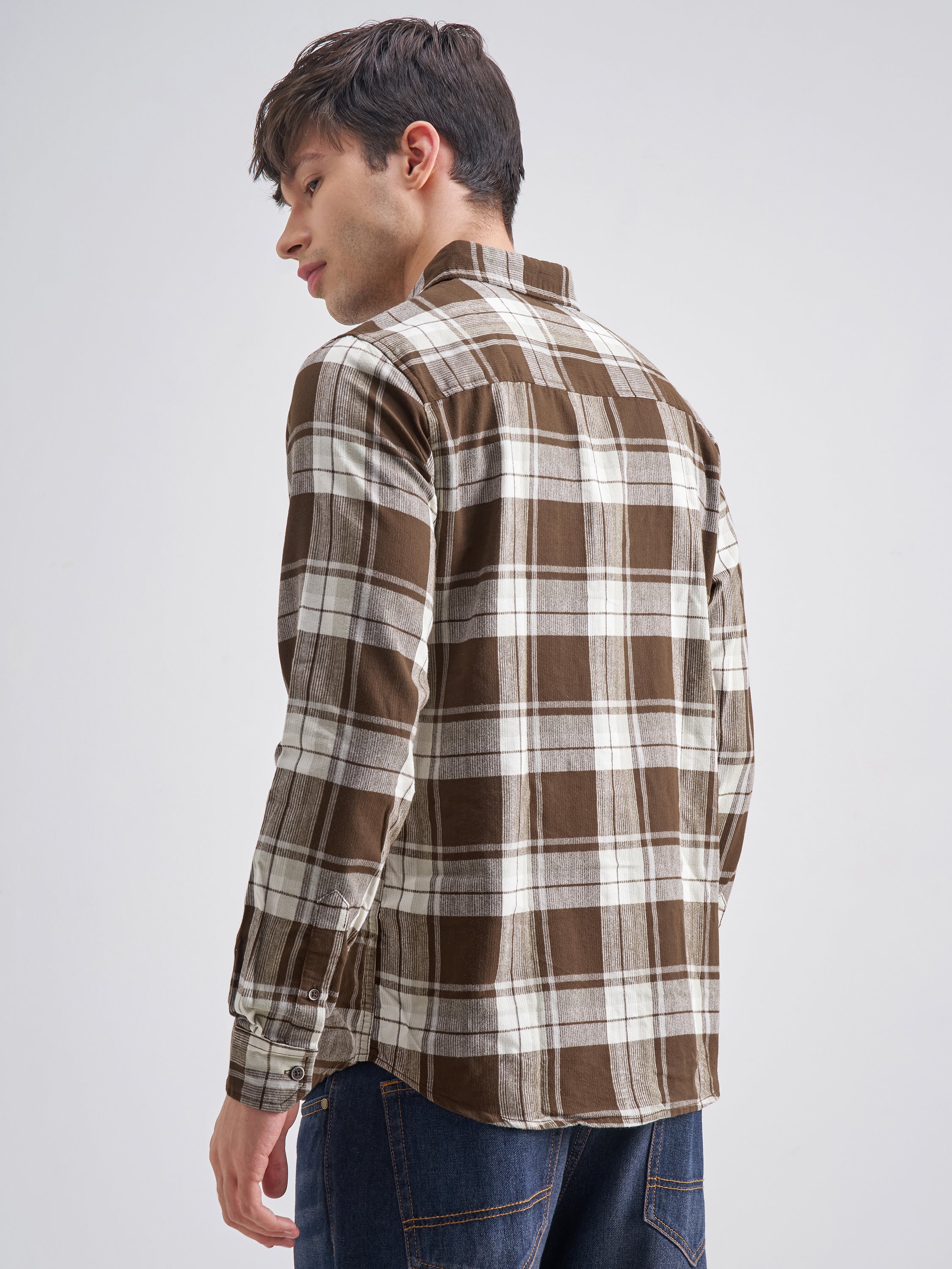 Highlander Men Brown Checked Slim Fit Casual Shirt - Brown - Image 3
