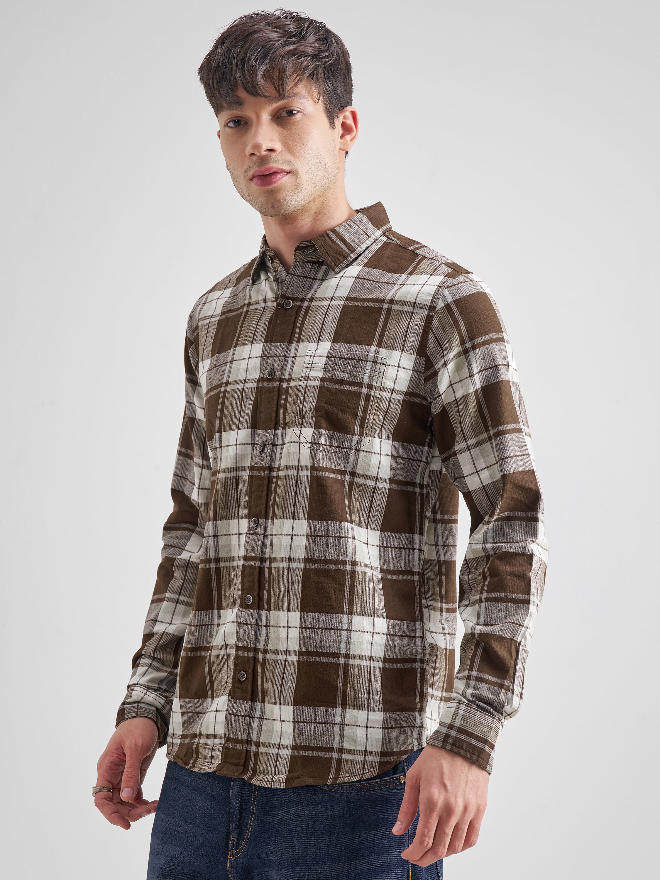 Highlander Men Brown Checked Slim Fit Casual Shirt - Brown - Image 4