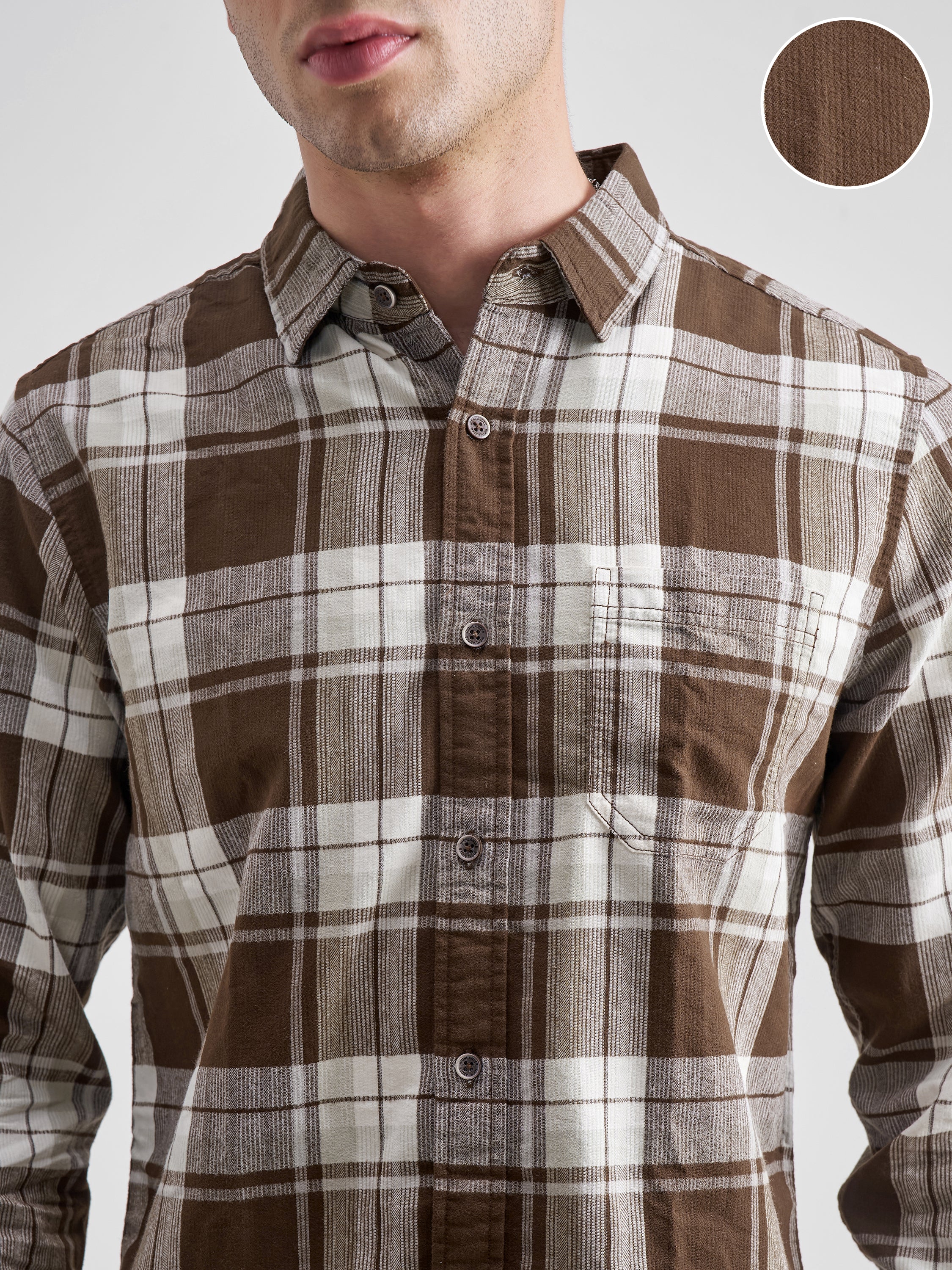 Highlander Men Brown Checked Slim Fit Casual Shirt - Brown - Image 5