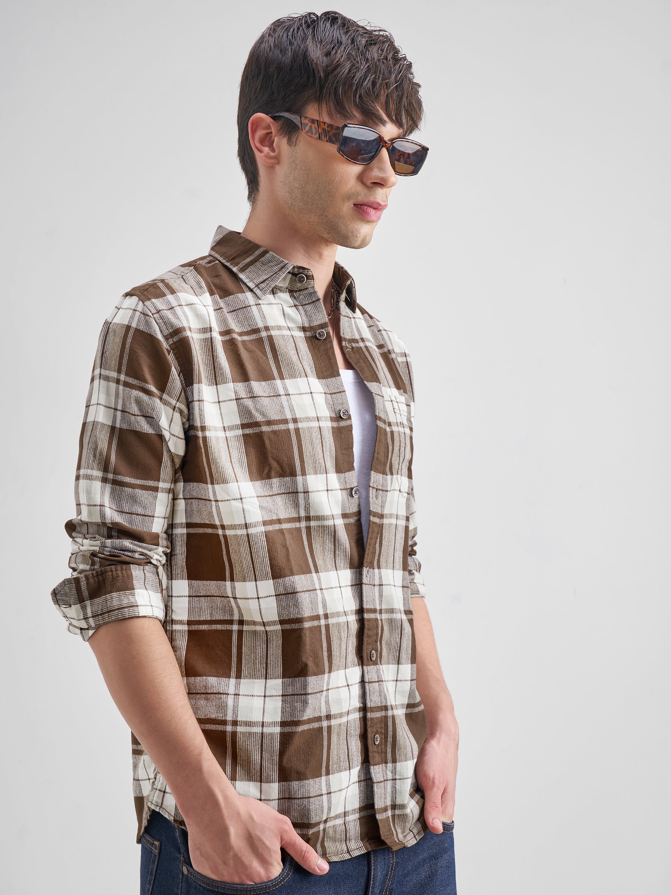 Highlander Men Brown Checked Slim Fit Casual Shirt - Brown - Image 6
