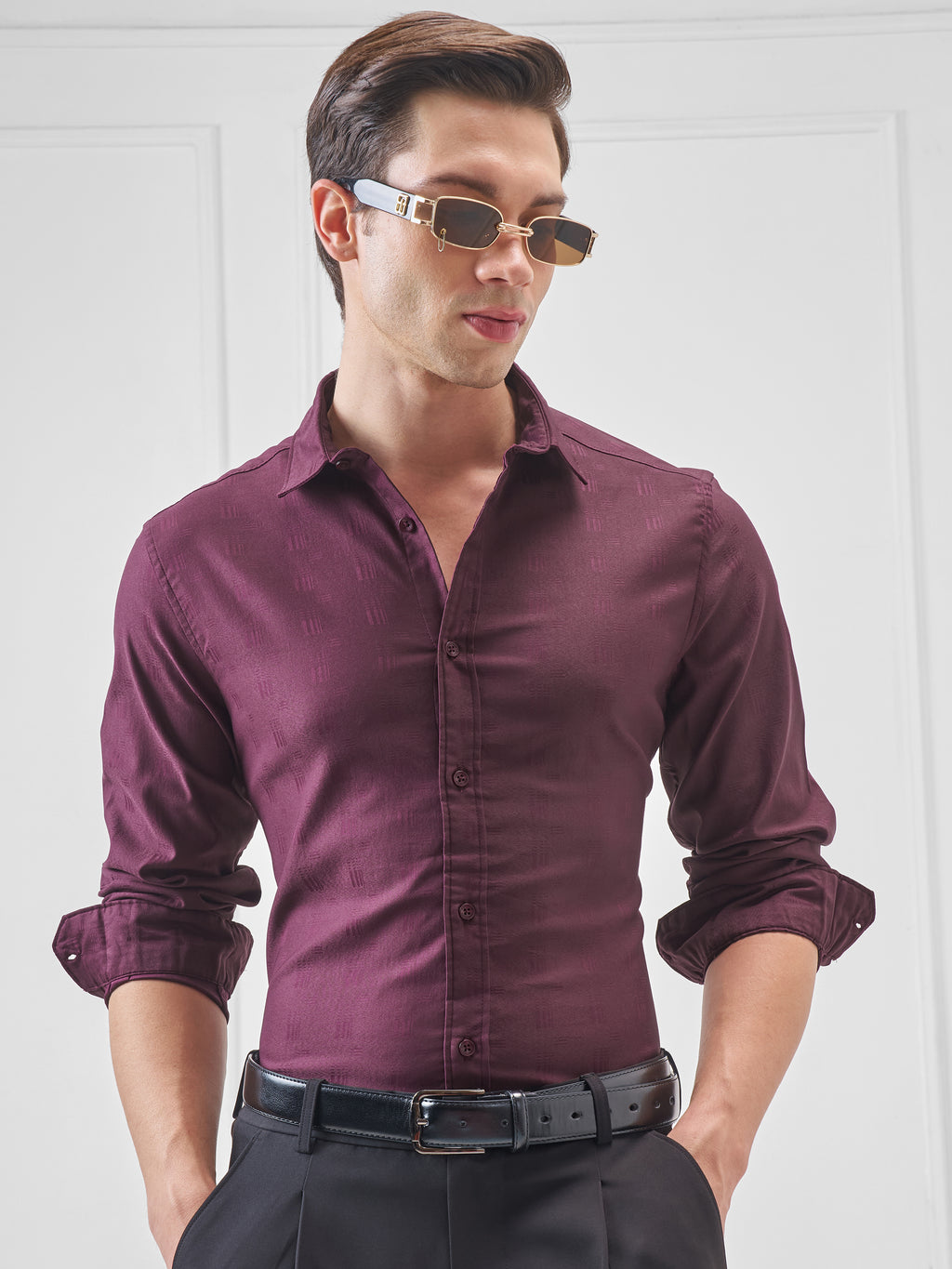 Highlander Men Purple Self Design Slim Fit Casual Shirt - Purple - Image 1