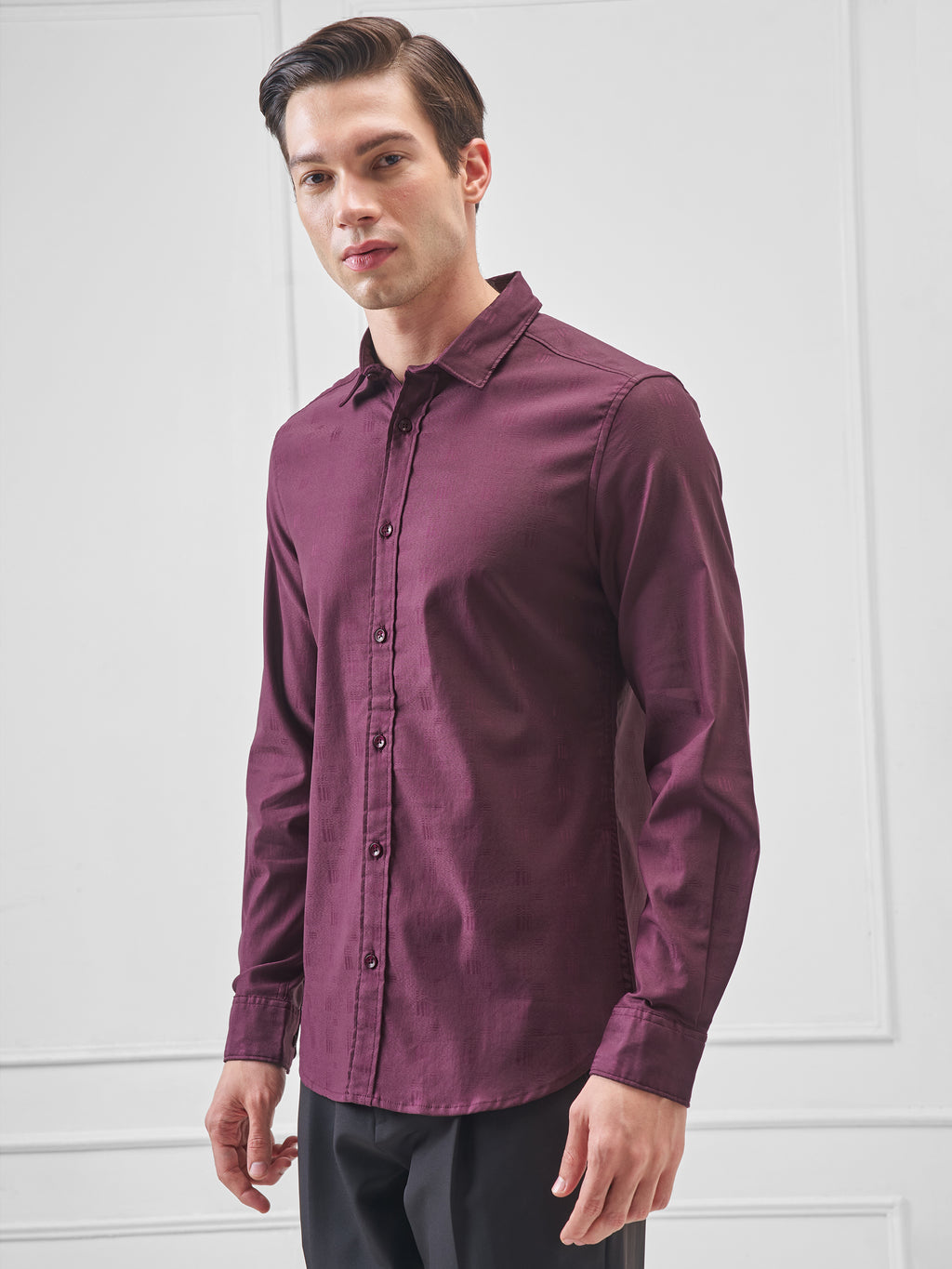Highlander Men Purple Self Design Slim Fit Casual Shirt - Purple - Image 4