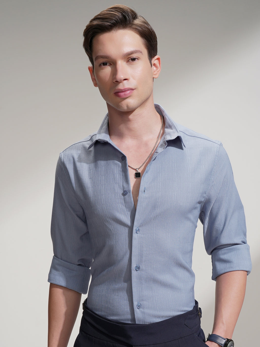 Highlander Men Blue Self Design Slim Fit Casual Shirt - Blue - Image 1