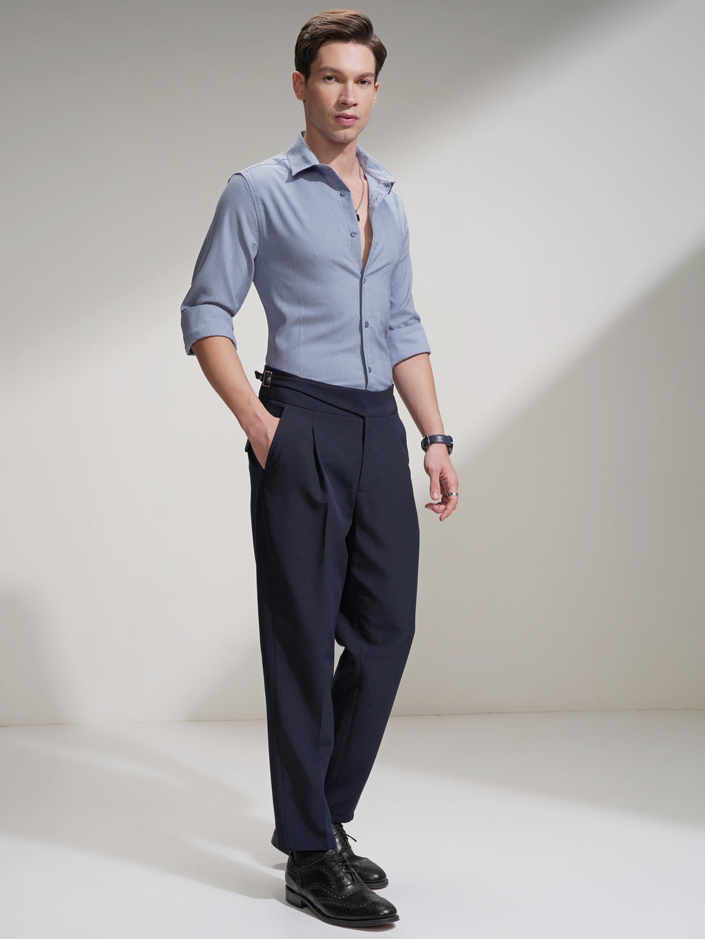 Highlander Men Blue Self Design Slim Fit Casual Shirt - Blue - Image 2