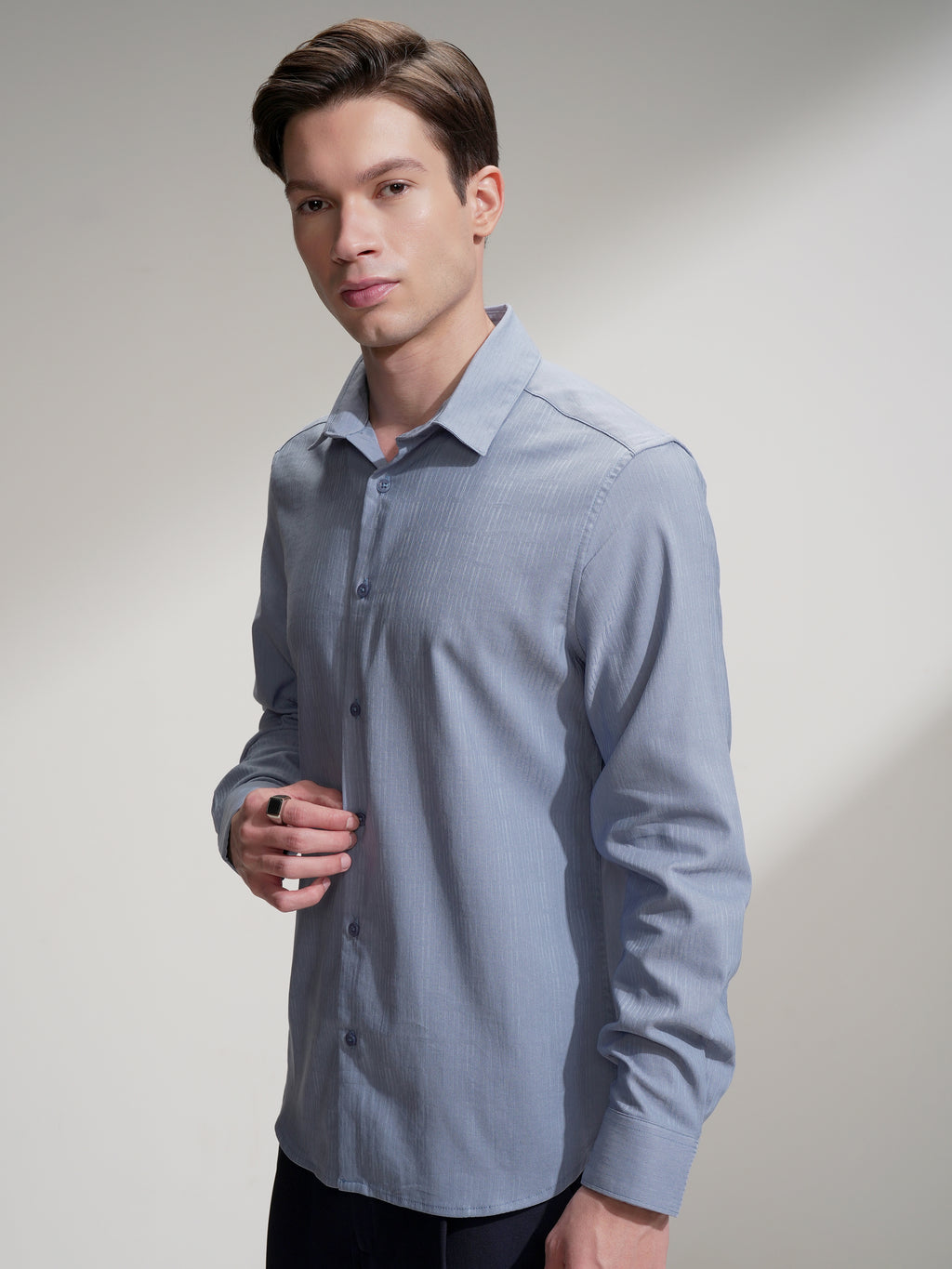 Highlander Men Blue Self Design Slim Fit Casual Shirt - Blue - Image 4