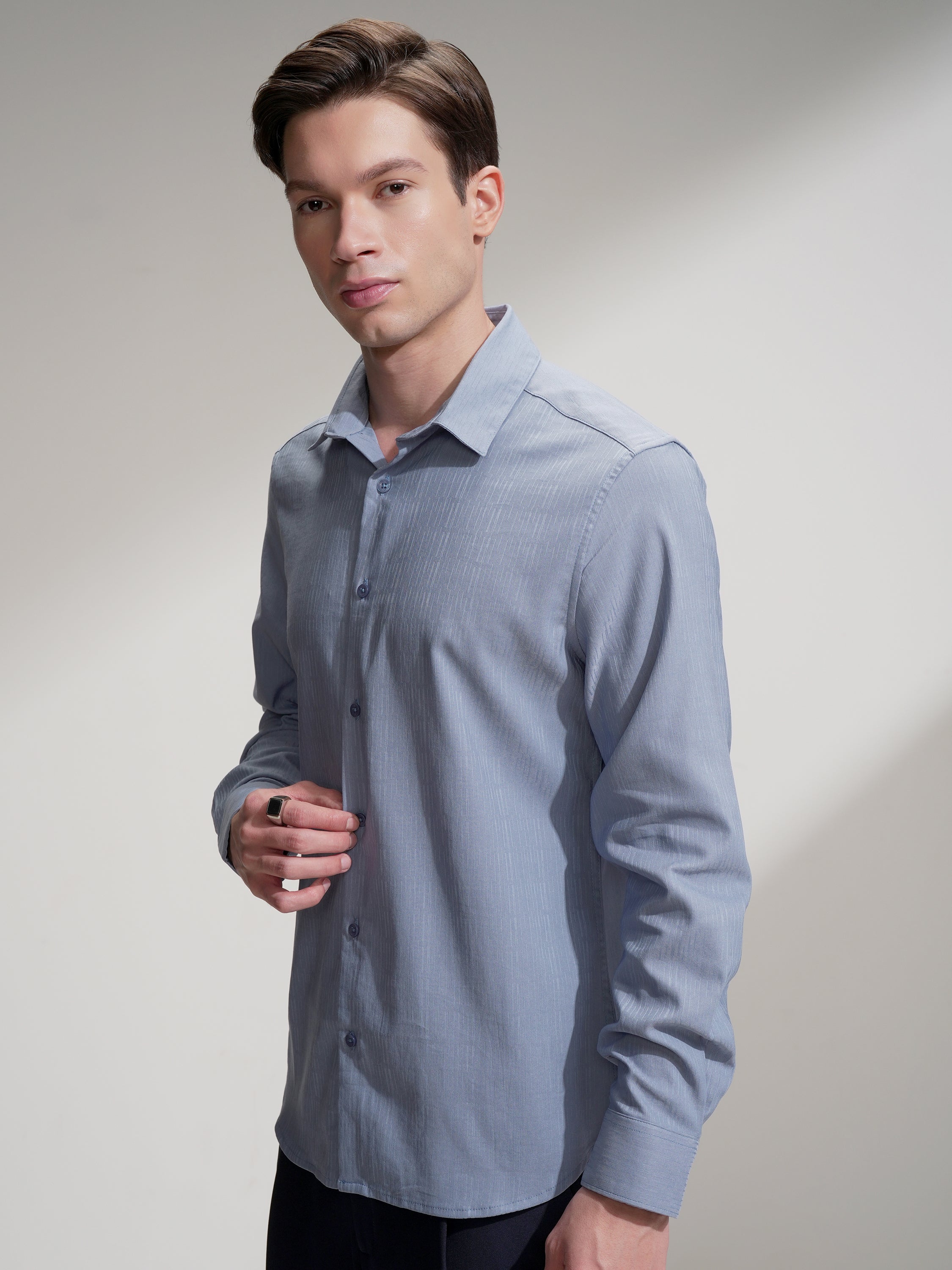 Highlander Men Blue Self Design Slim Fit Casual Shirt - Blue - Image 4
