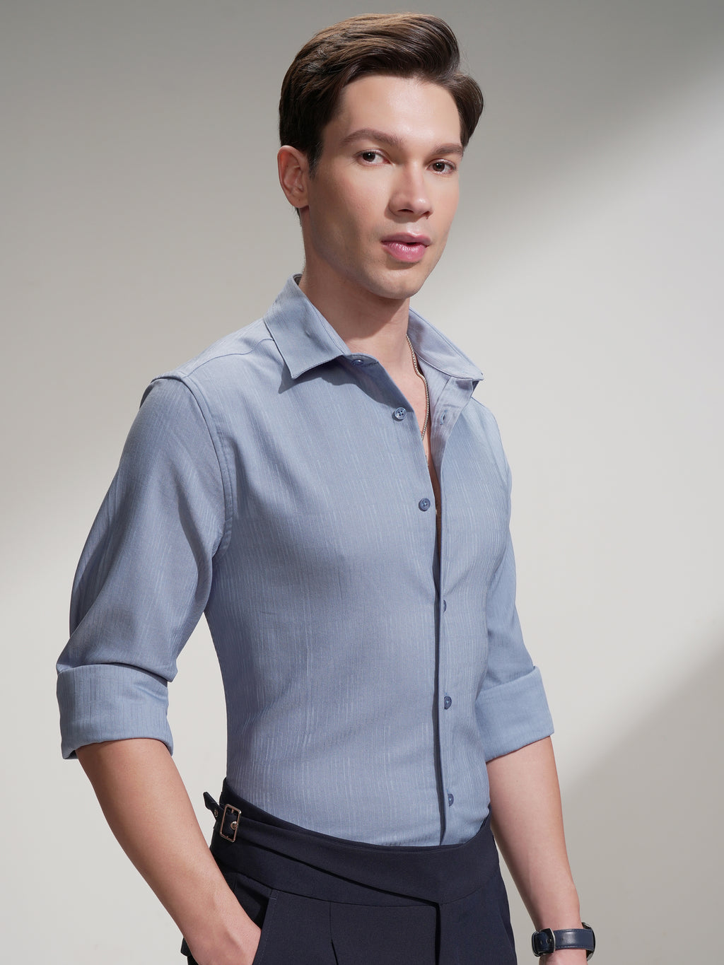 Highlander Men Blue Self Design Slim Fit Casual Shirt - Blue - Image 6