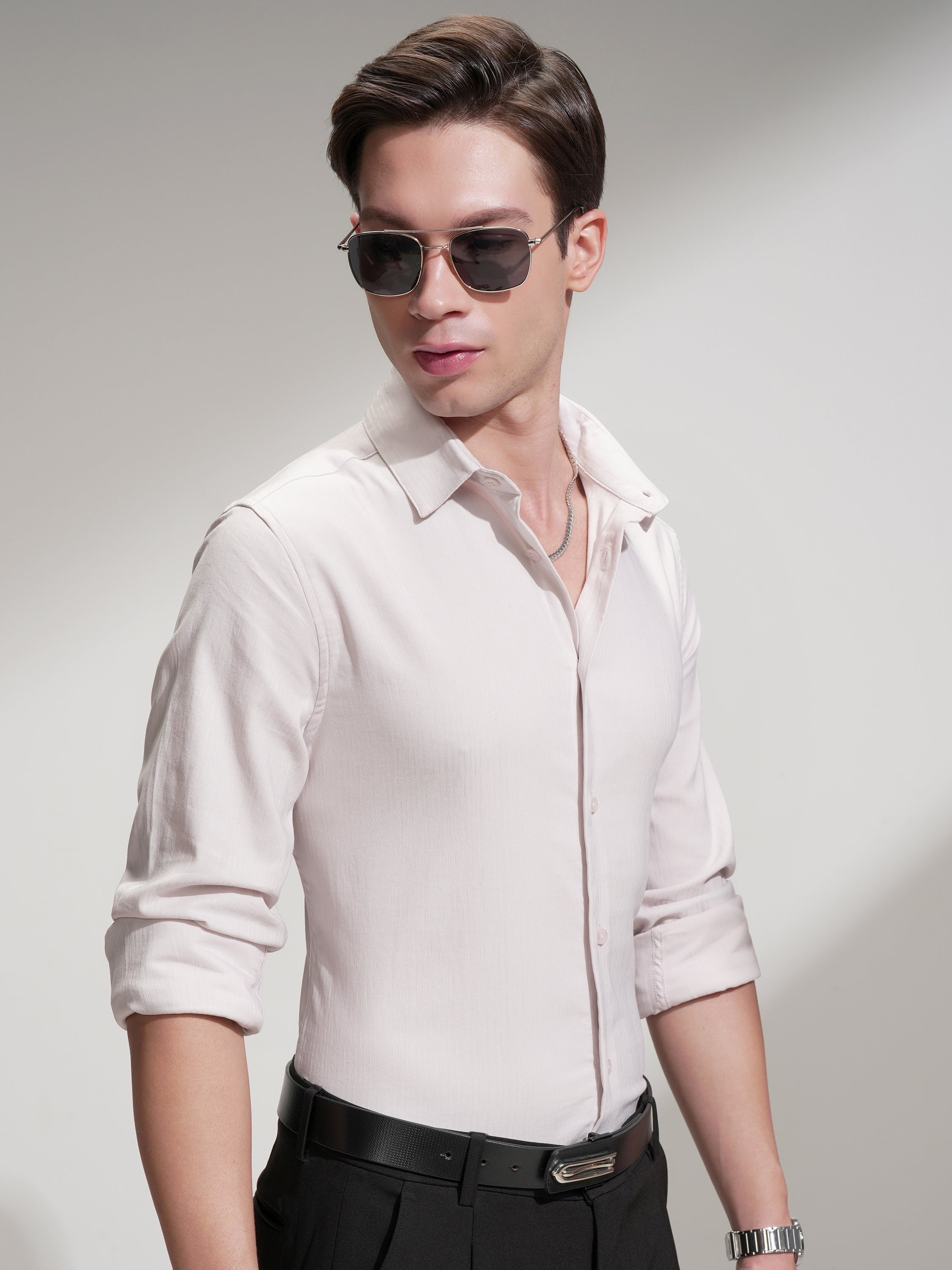 Highlander Men Pink Self Design Slim Fit Casual Shirt - Pink - Image 6