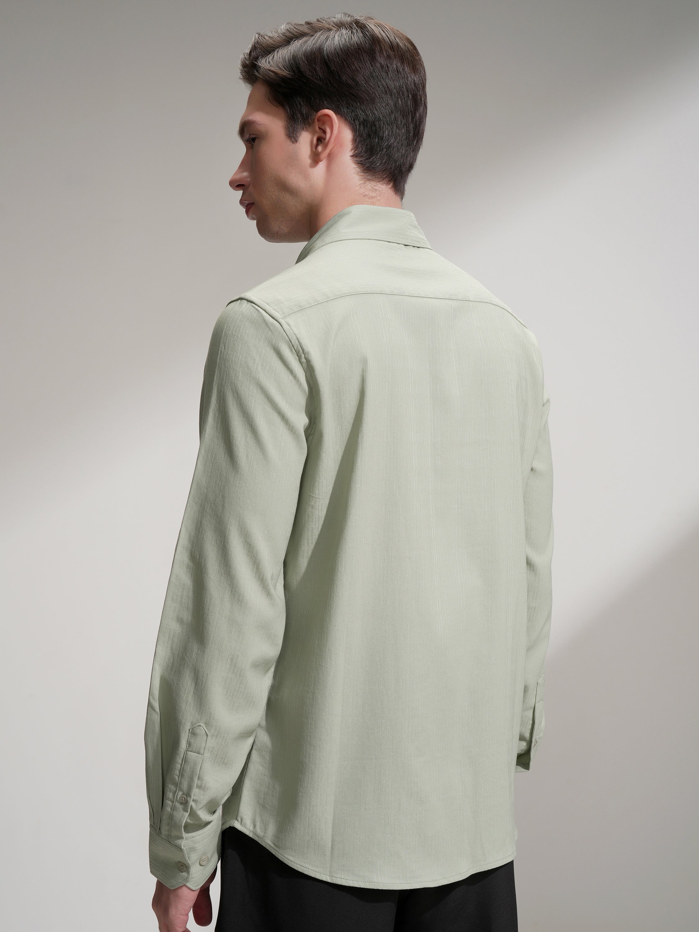 Highlander Men Green Self Design Slim Fit Casual Shirt - Green - Image 3