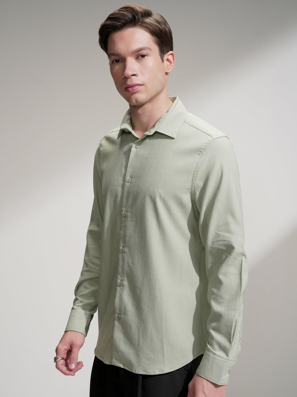 Highlander Men Green Self Design Slim Fit Casual Shirt - Green - Image 4