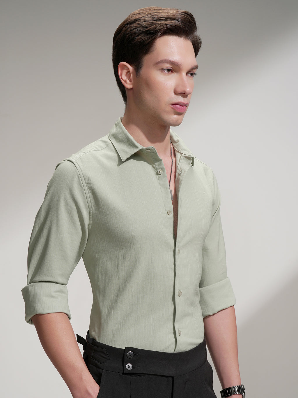 Highlander Men Green Self Design Slim Fit Casual Shirt - Green - Image 6