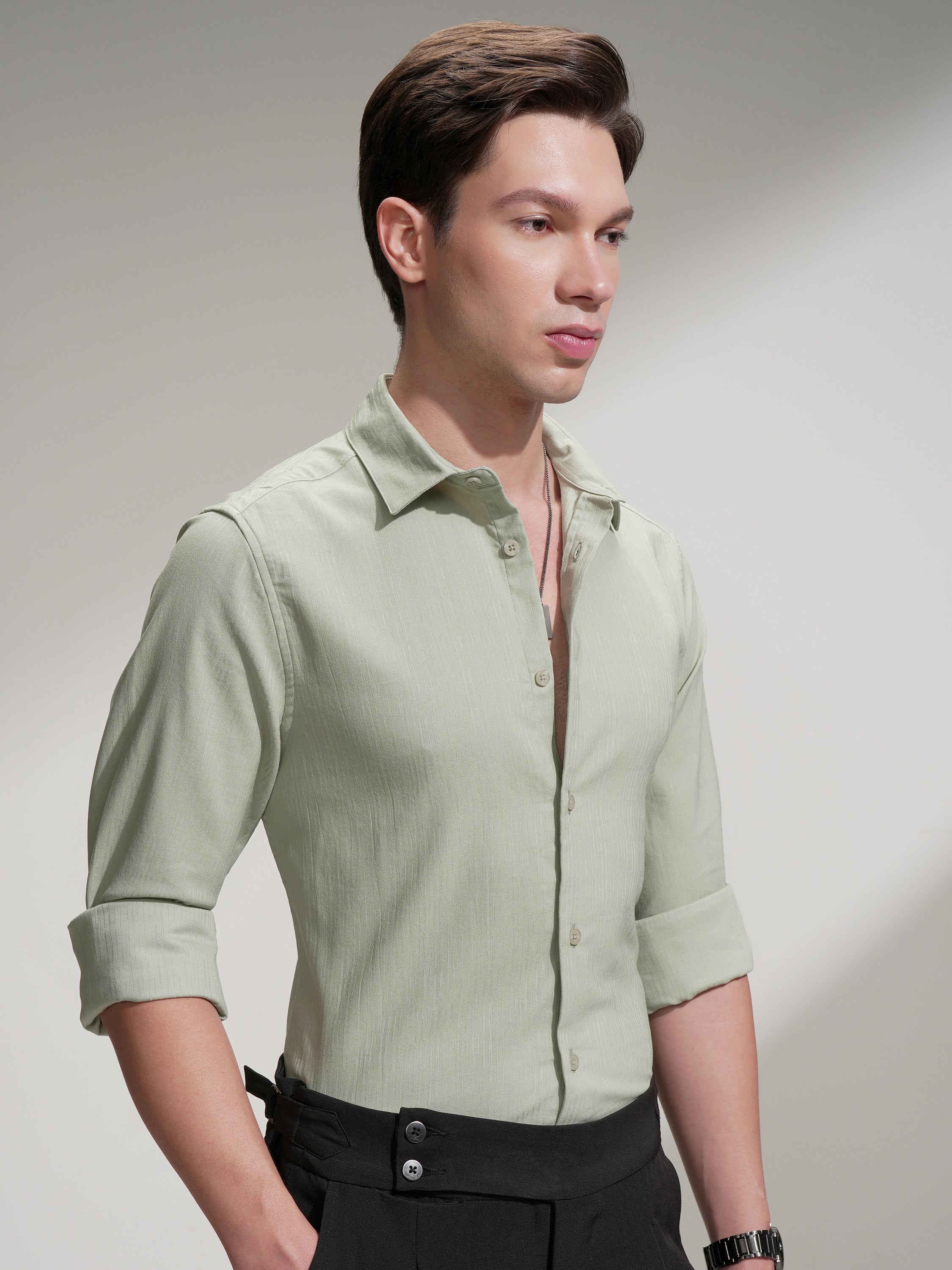 Highlander Men Green Self Design Slim Fit Casual Shirt - Green - Image 6