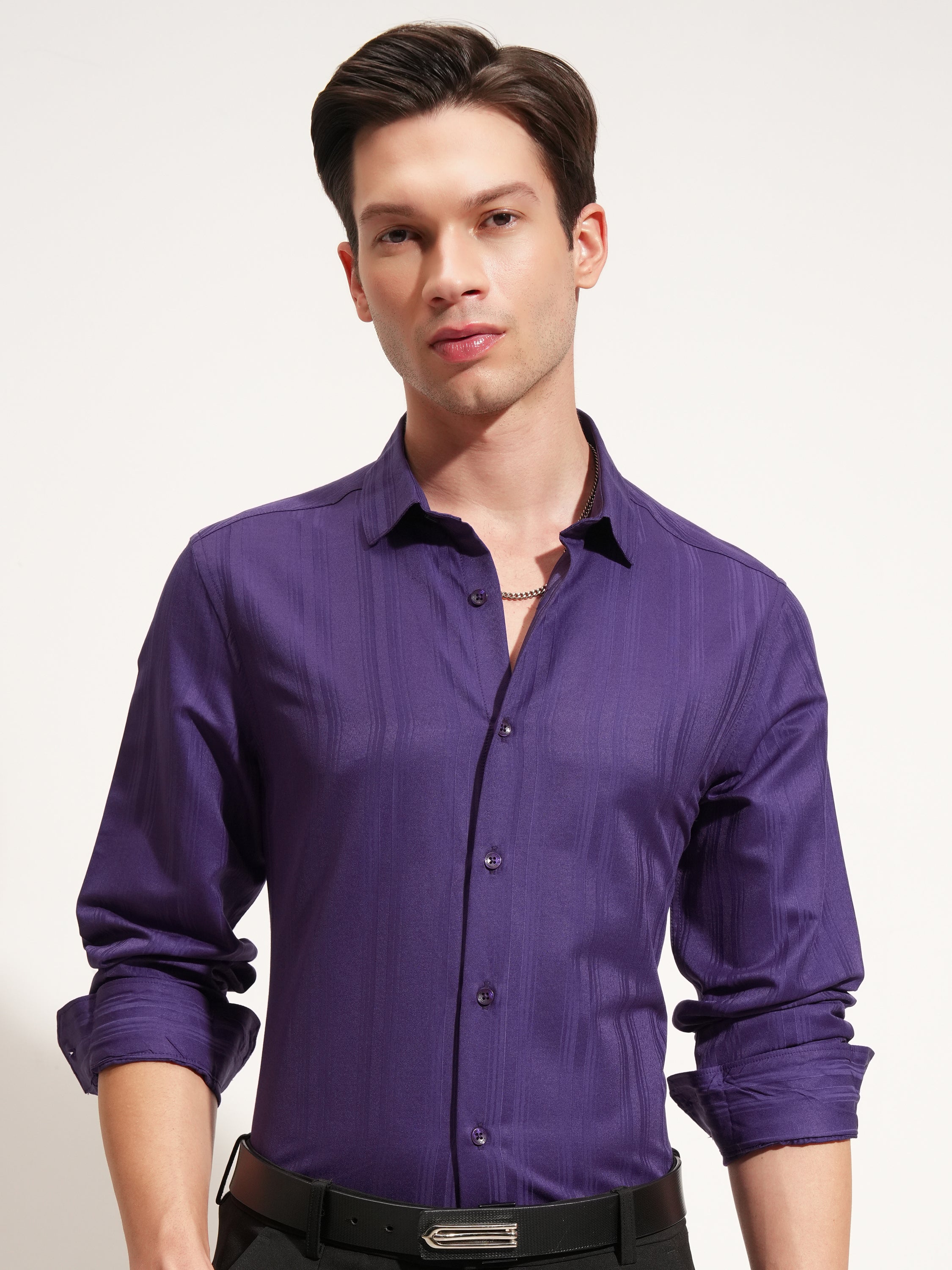 Highlander Men Purple Self Design Slim Fit Casual Shirt - Purple - Image 1