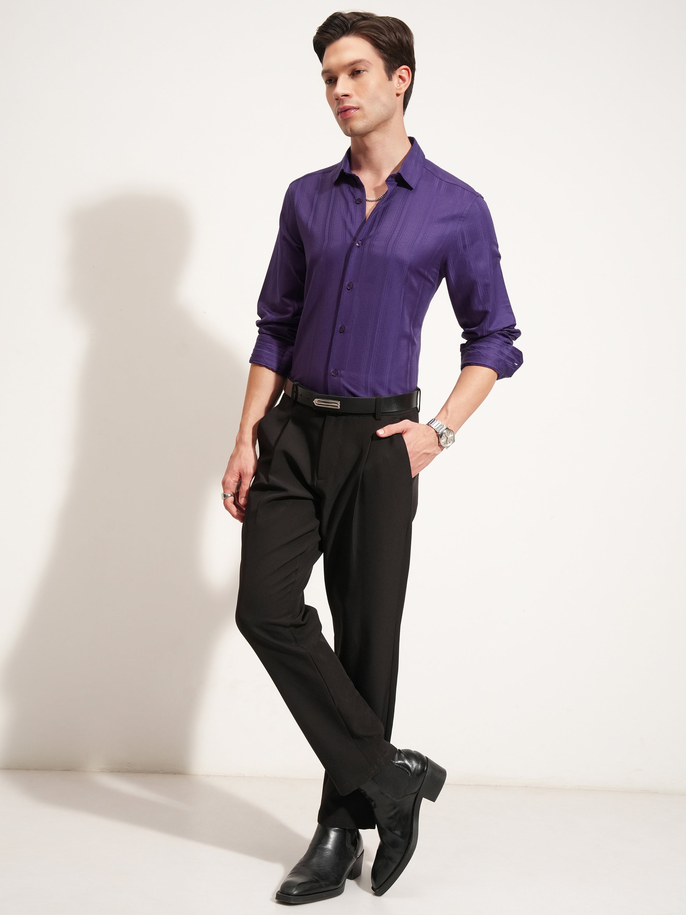 Highlander Men Purple Self Design Slim Fit Casual Shirt - Purple - Image 2