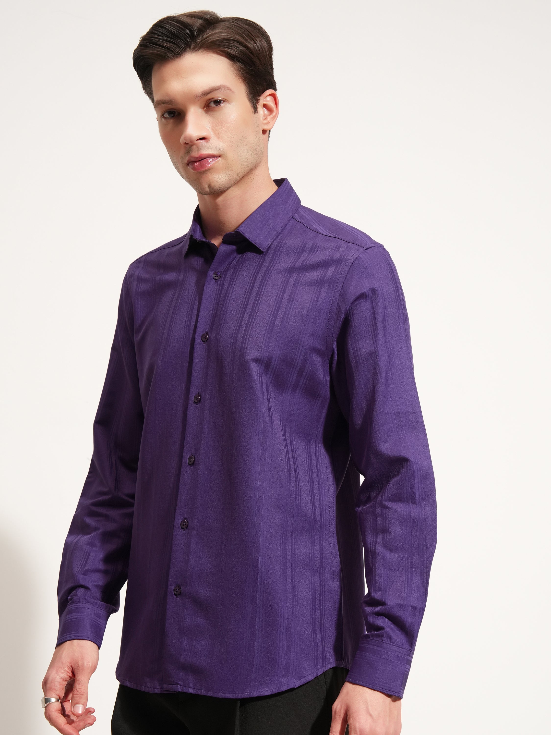 Highlander Men Purple Self Design Slim Fit Casual Shirt - Purple - Image 4