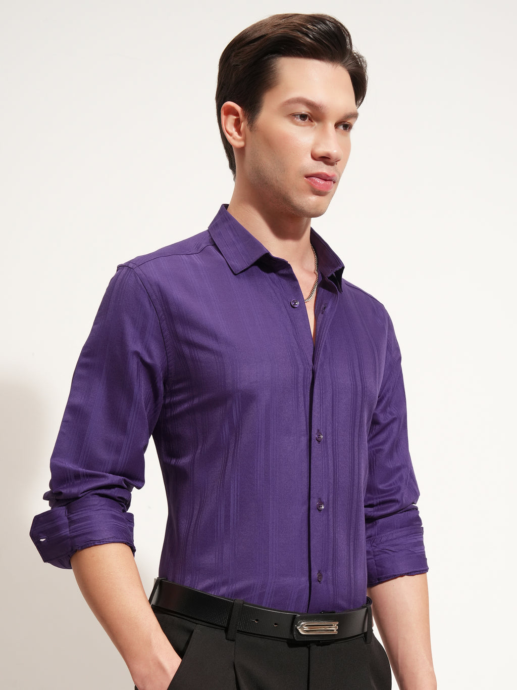 Highlander Men Purple Self Design Slim Fit Casual Shirt - Purple - Image 6
