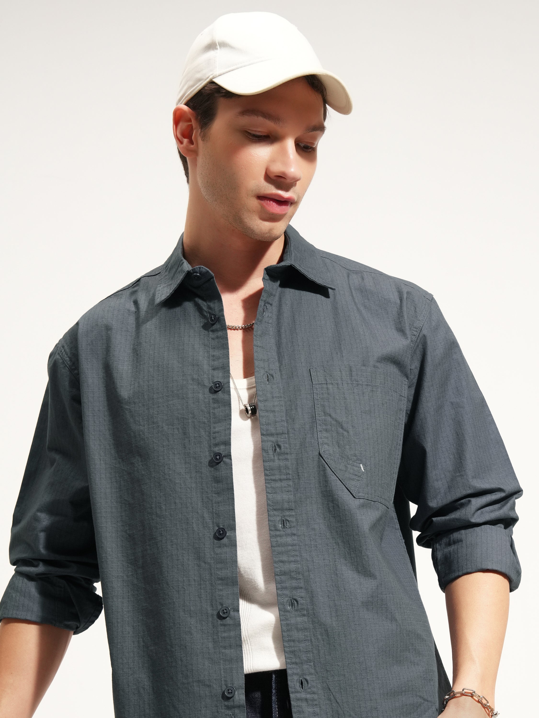 Highlander Men Blue Checked Oversized Fit Casual Shirt - Blue - Image 1