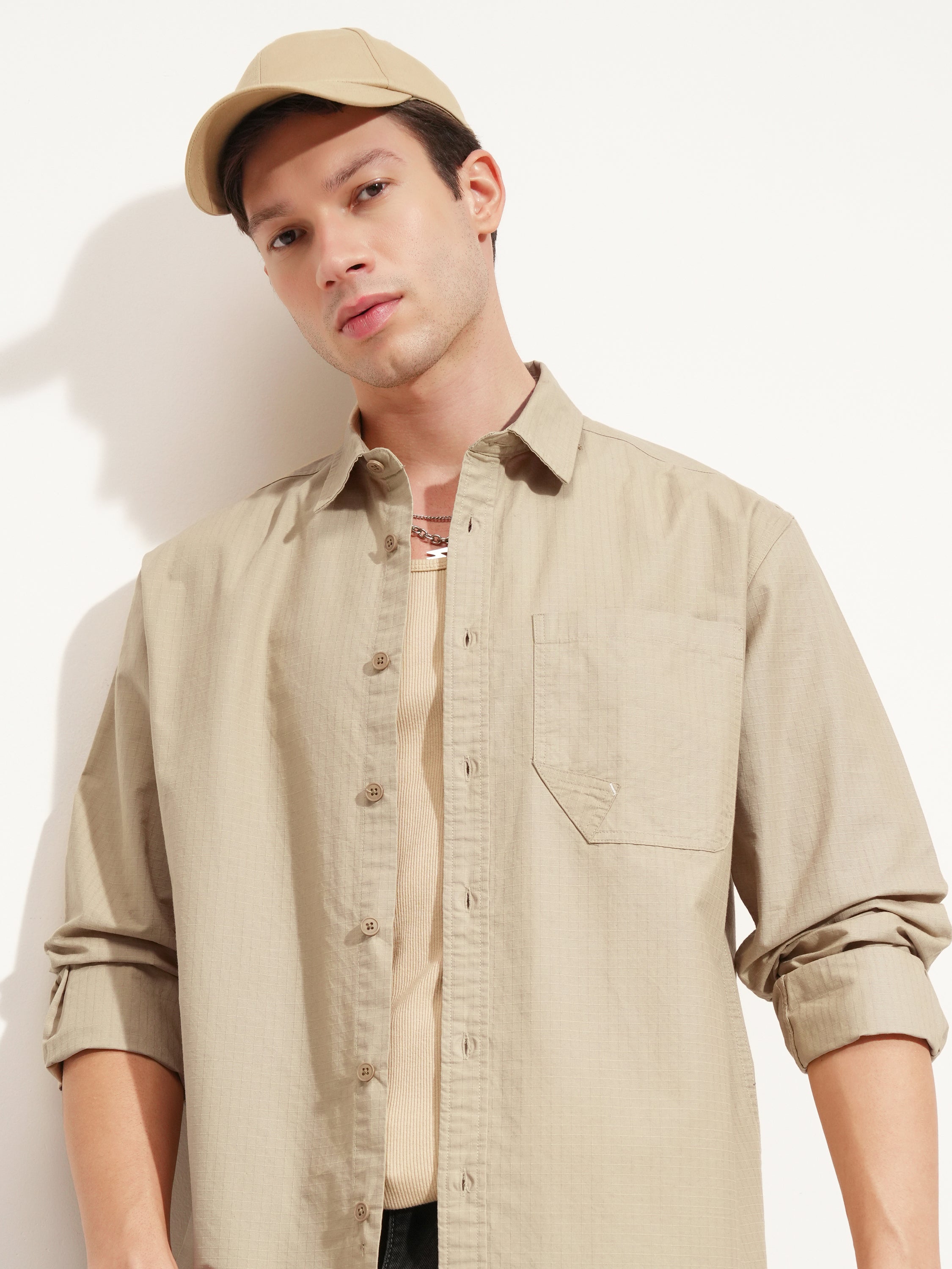 Highlander Men Beige Solid Oversized Fit Casual Shirt - Beige - Image 1