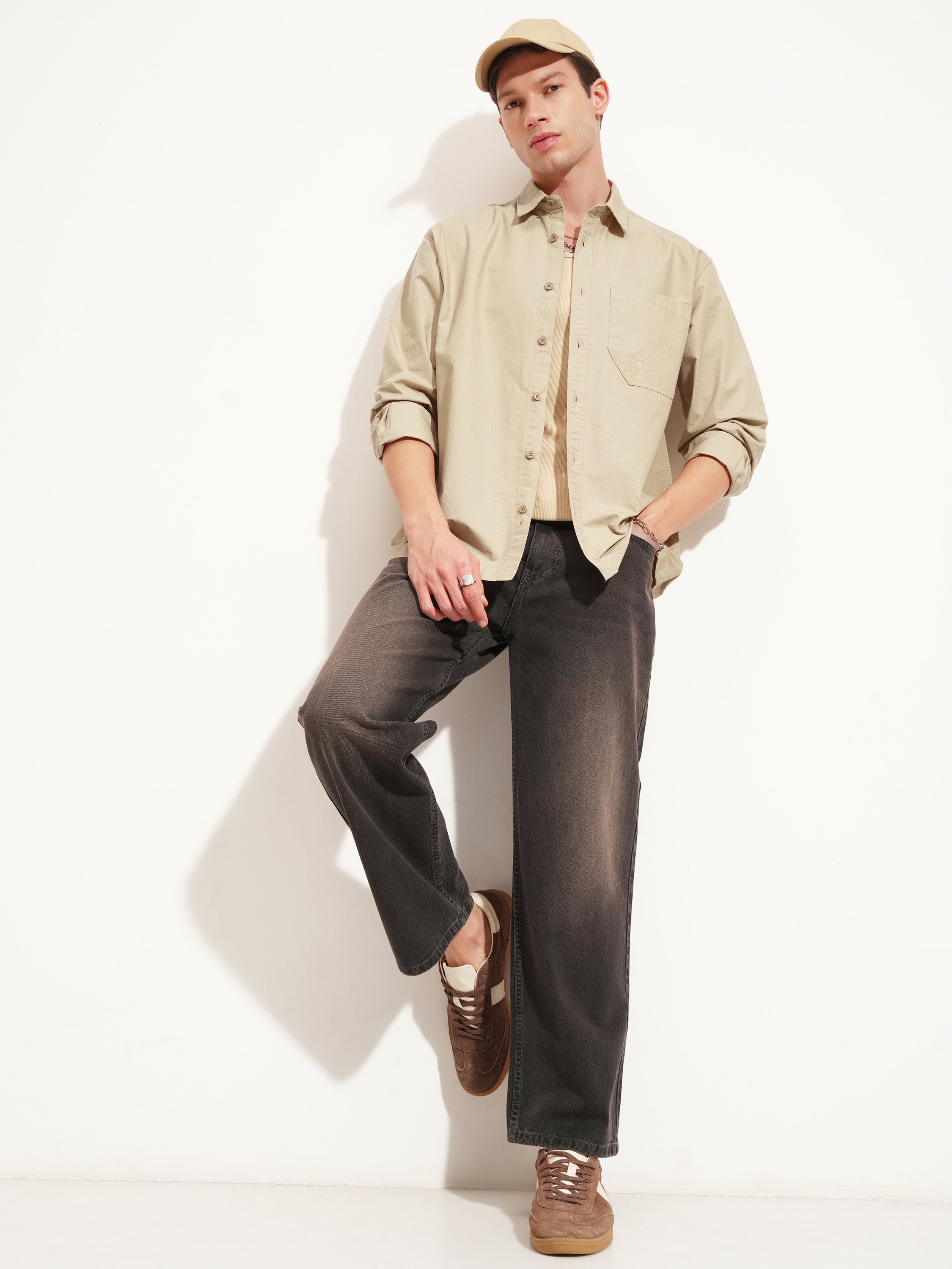 Highlander Men Beige Solid Oversized Fit Casual Shirt - Beige - Image 2
