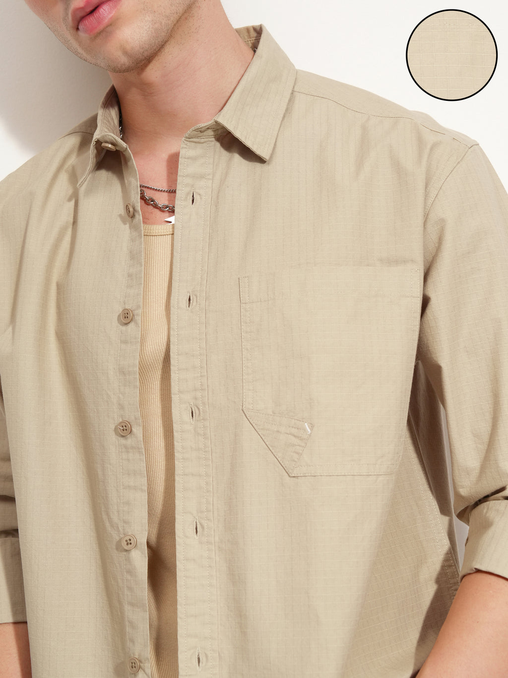 Highlander Men Beige Solid Oversized Fit Casual Shirt - Beige - Image 5