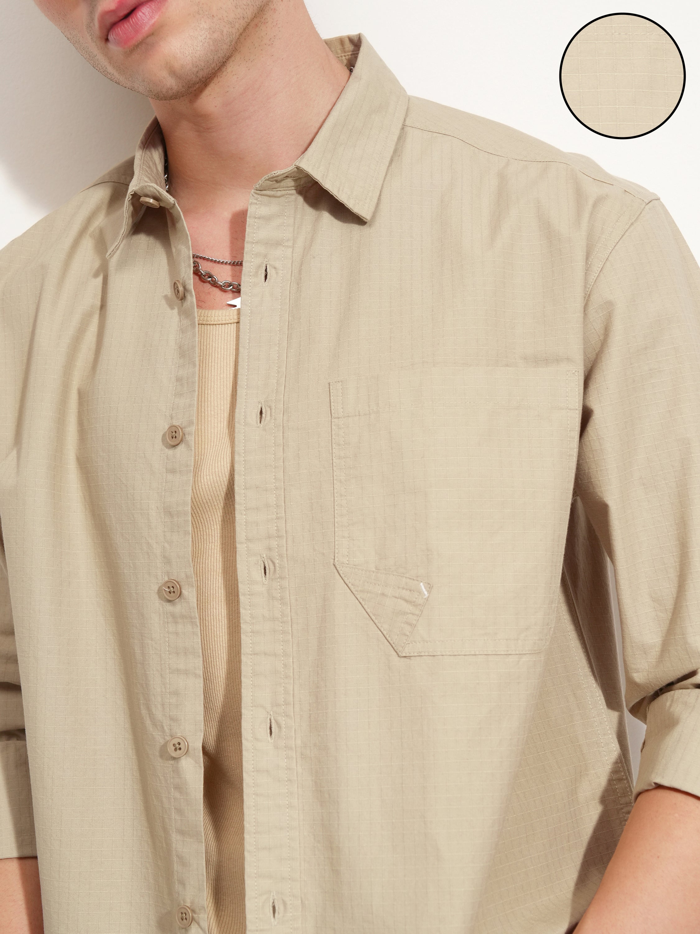 Highlander Men Beige Solid Oversized Fit Casual Shirt - Beige - Image 5