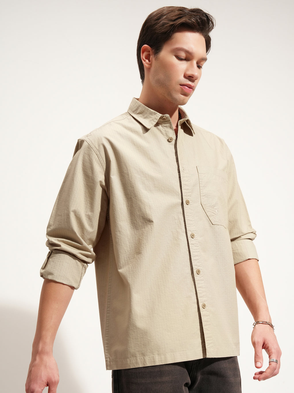 Highlander Men Beige Solid Oversized Fit Casual Shirt - Beige - Image 6