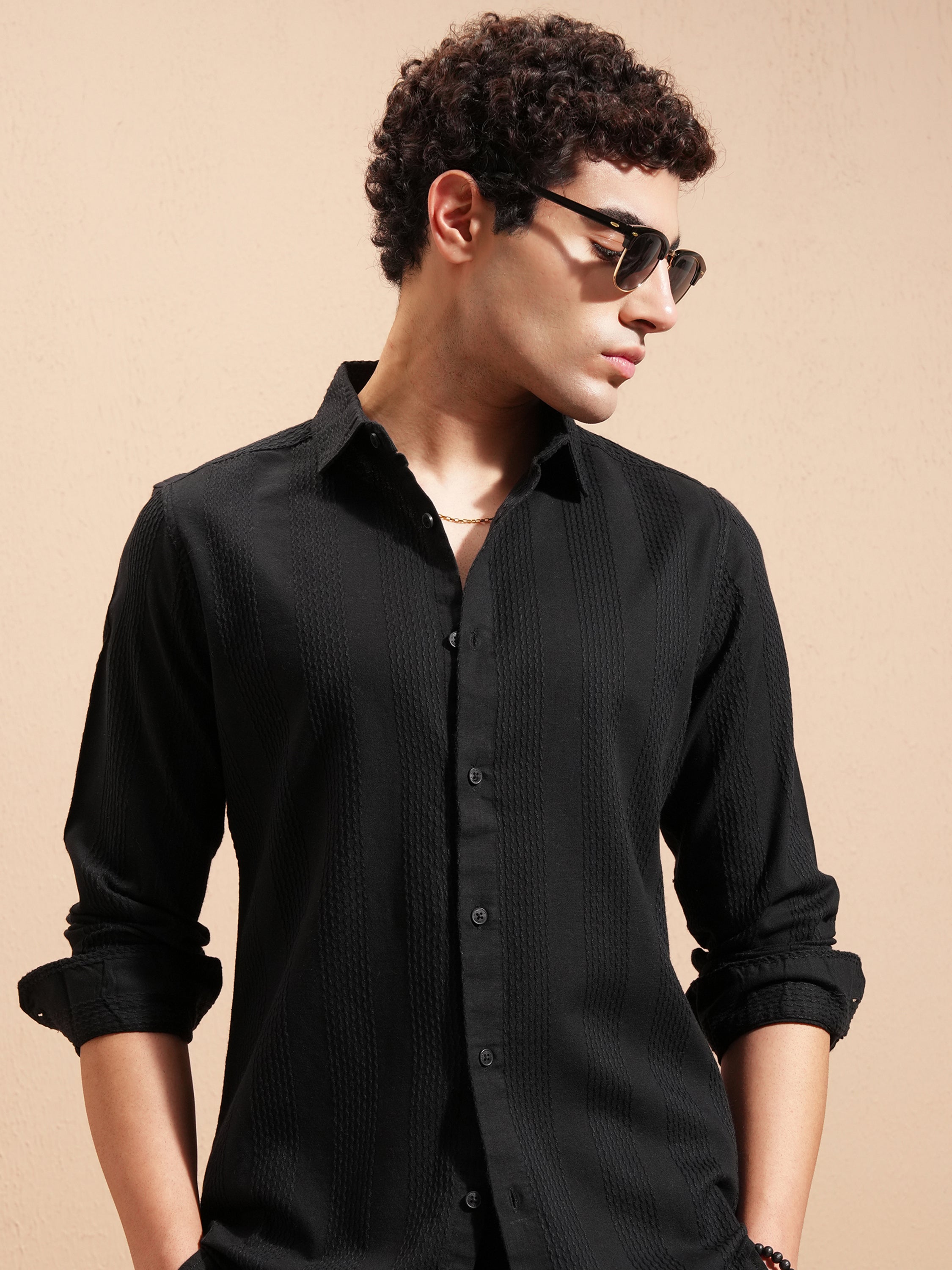 Highlander Men Black Self Design Slim Fit Casual Shirt - Black - Image 1