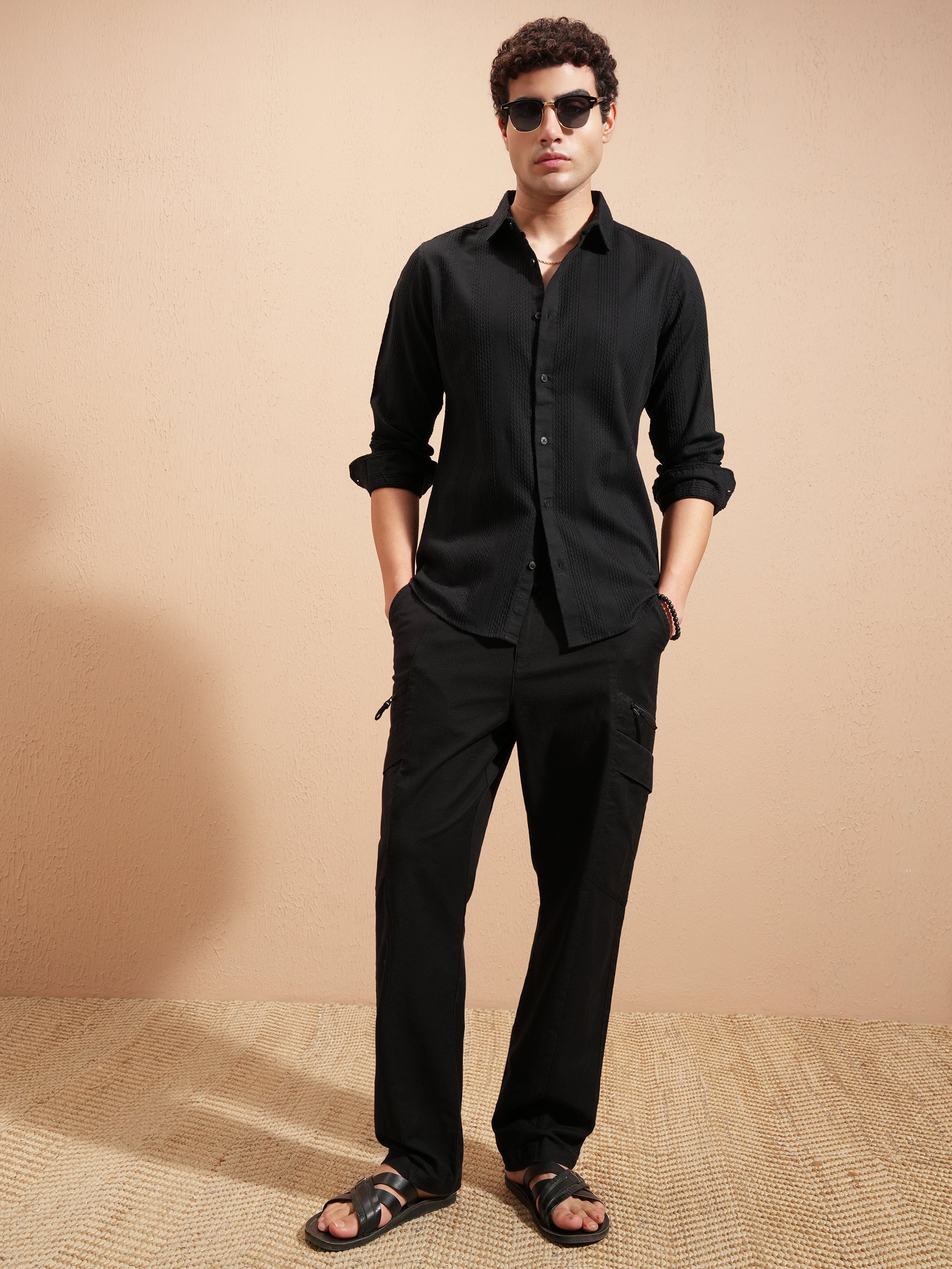 Highlander Men Black Self Design Slim Fit Casual Shirt - Black - Image 2