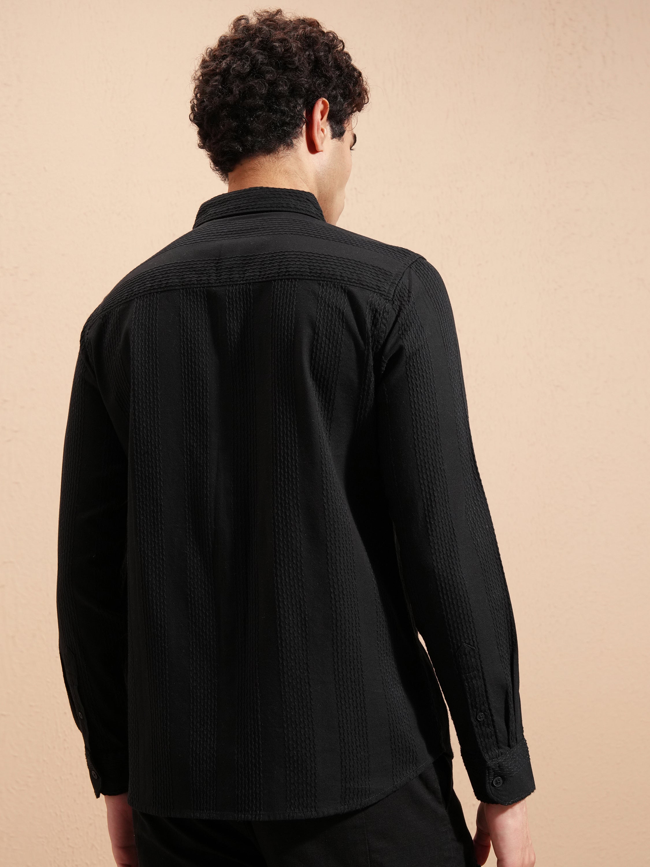 Highlander Men Black Self Design Slim Fit Casual Shirt - Black - Image 3