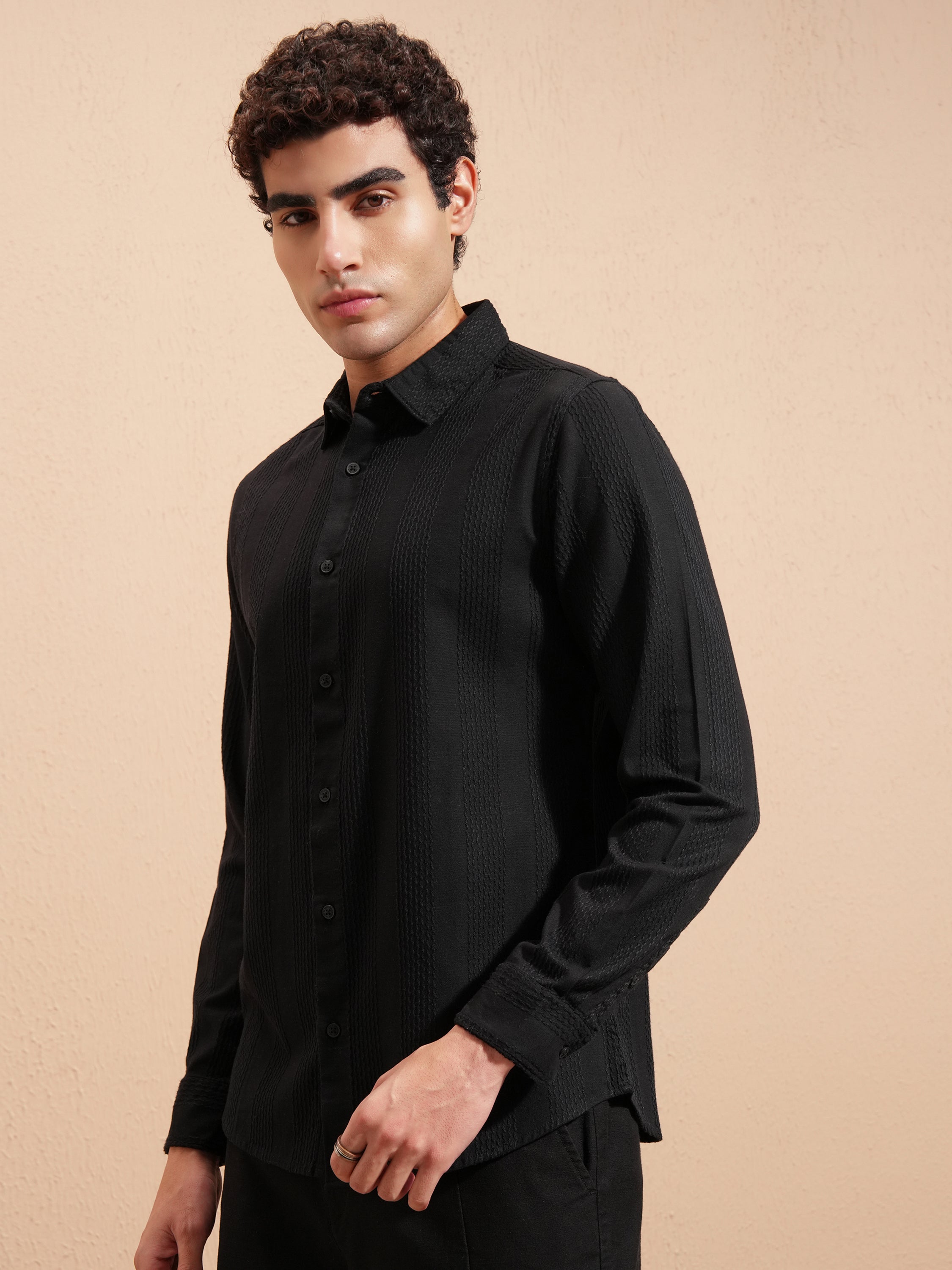 Highlander Men Black Self Design Slim Fit Casual Shirt - Black - Image 4