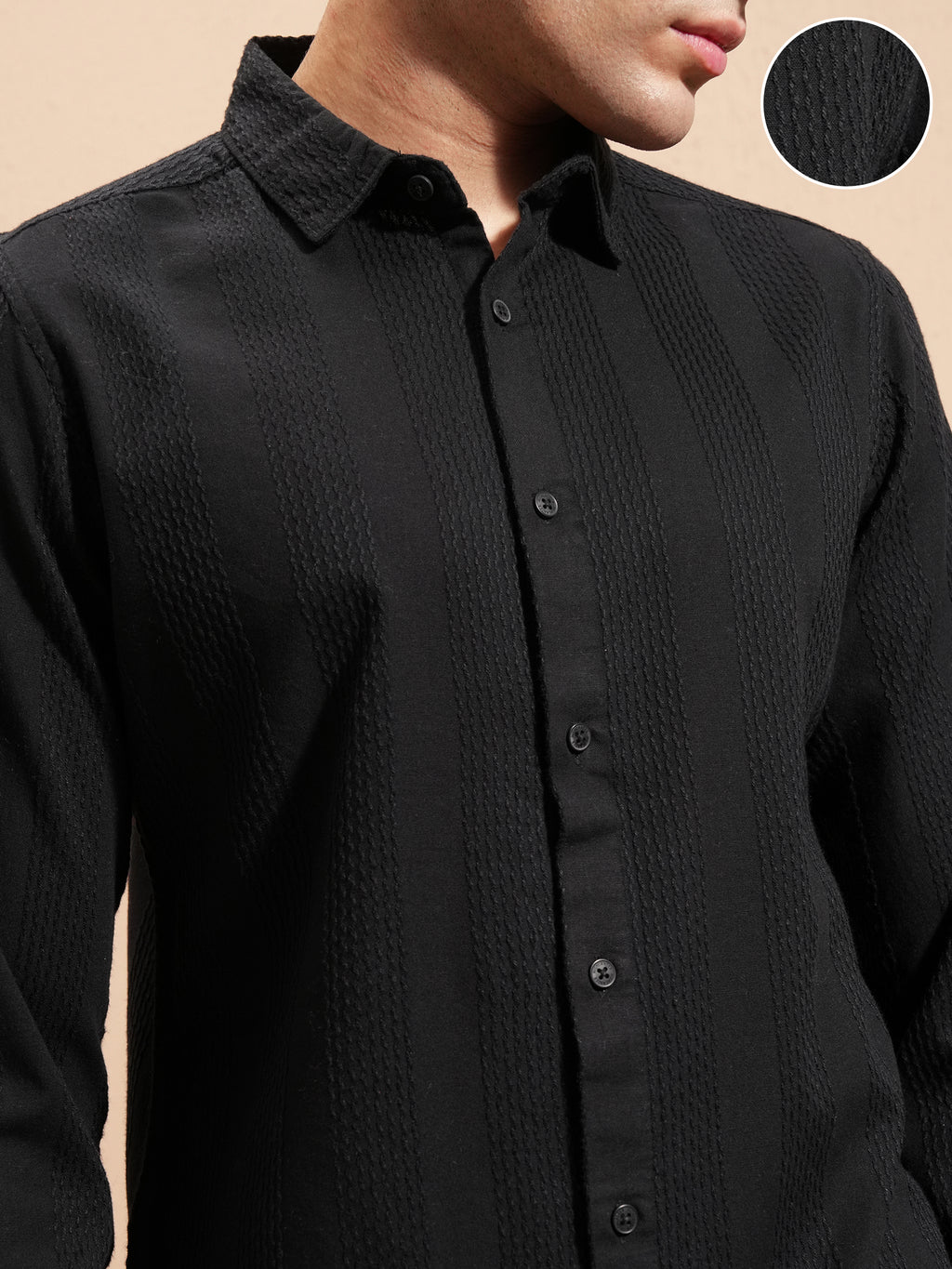 Highlander Men Black Self Design Slim Fit Casual Shirt - Black - Image 5